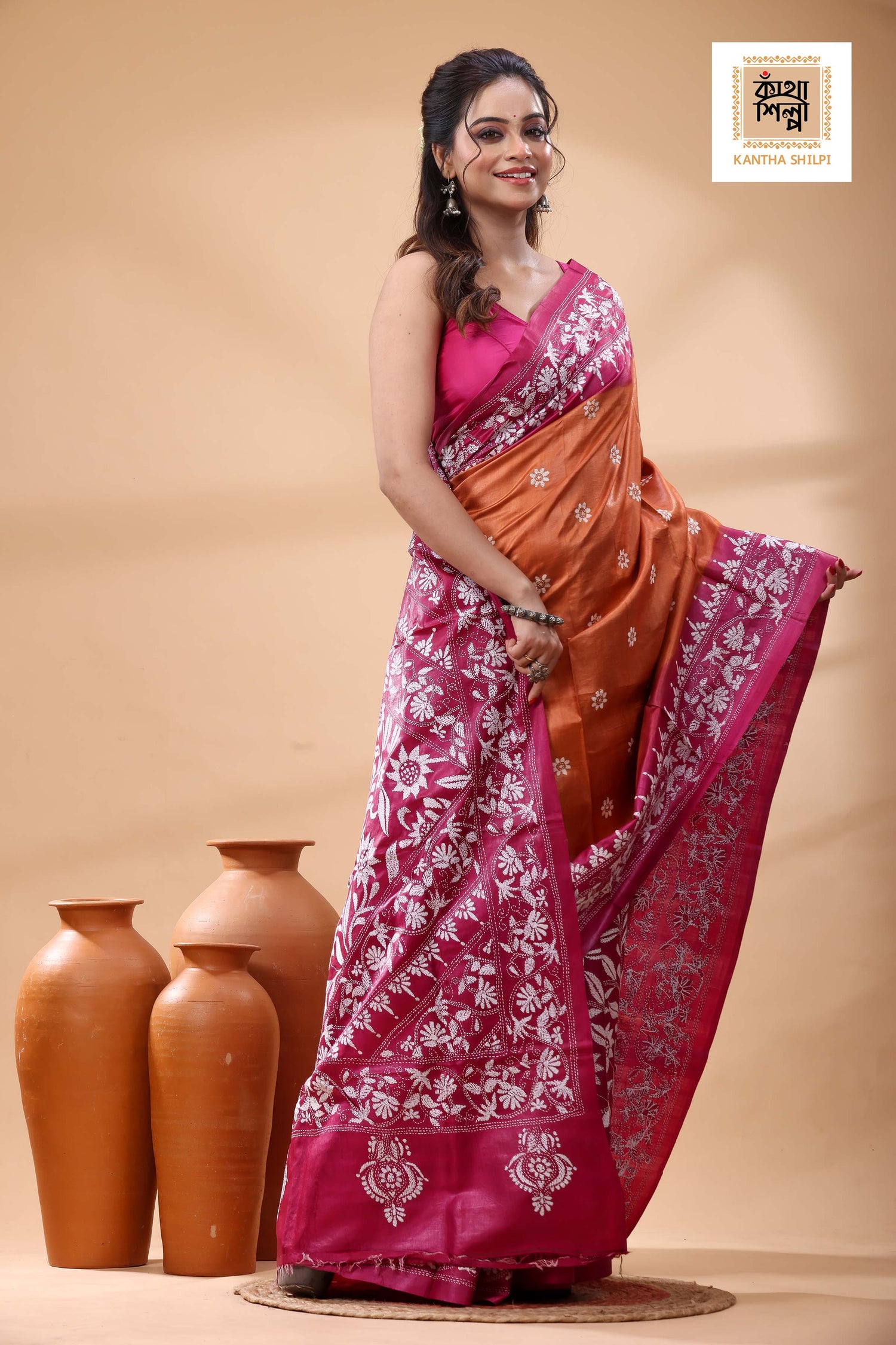 Pure Dye Gachi Tussar White Color Thread Work Kantha Stitch Saree