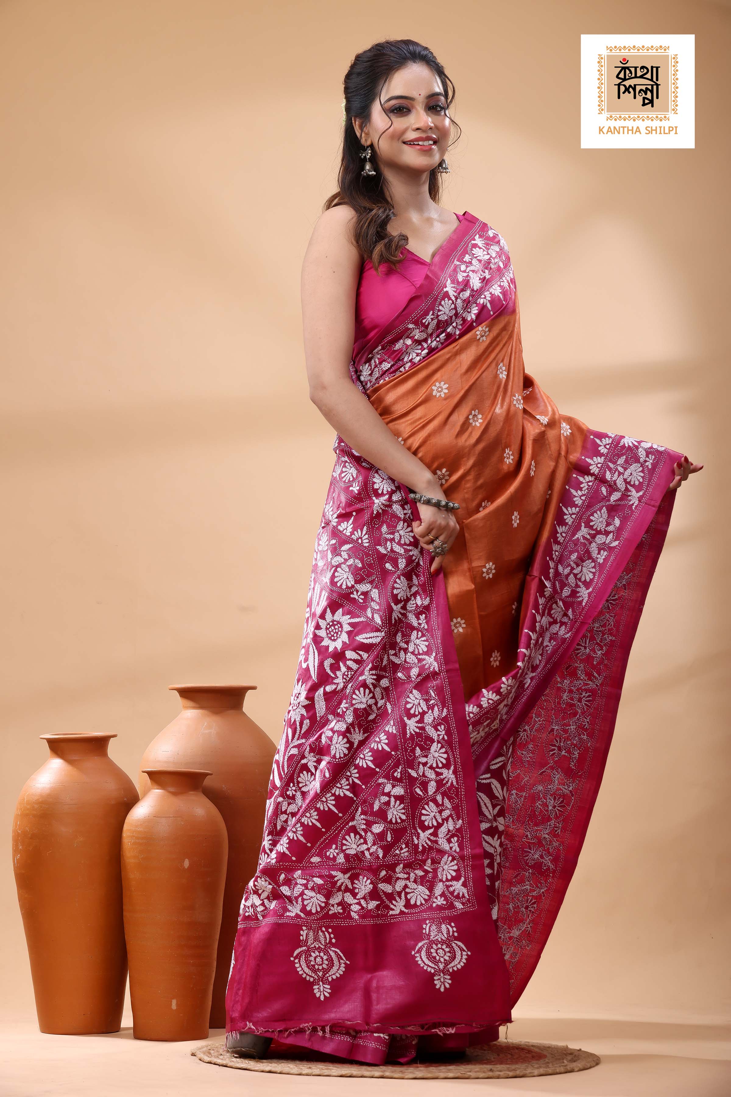 Pure Dye Gachi Tussar White Color Thread Work Kantha Stitch Saree
