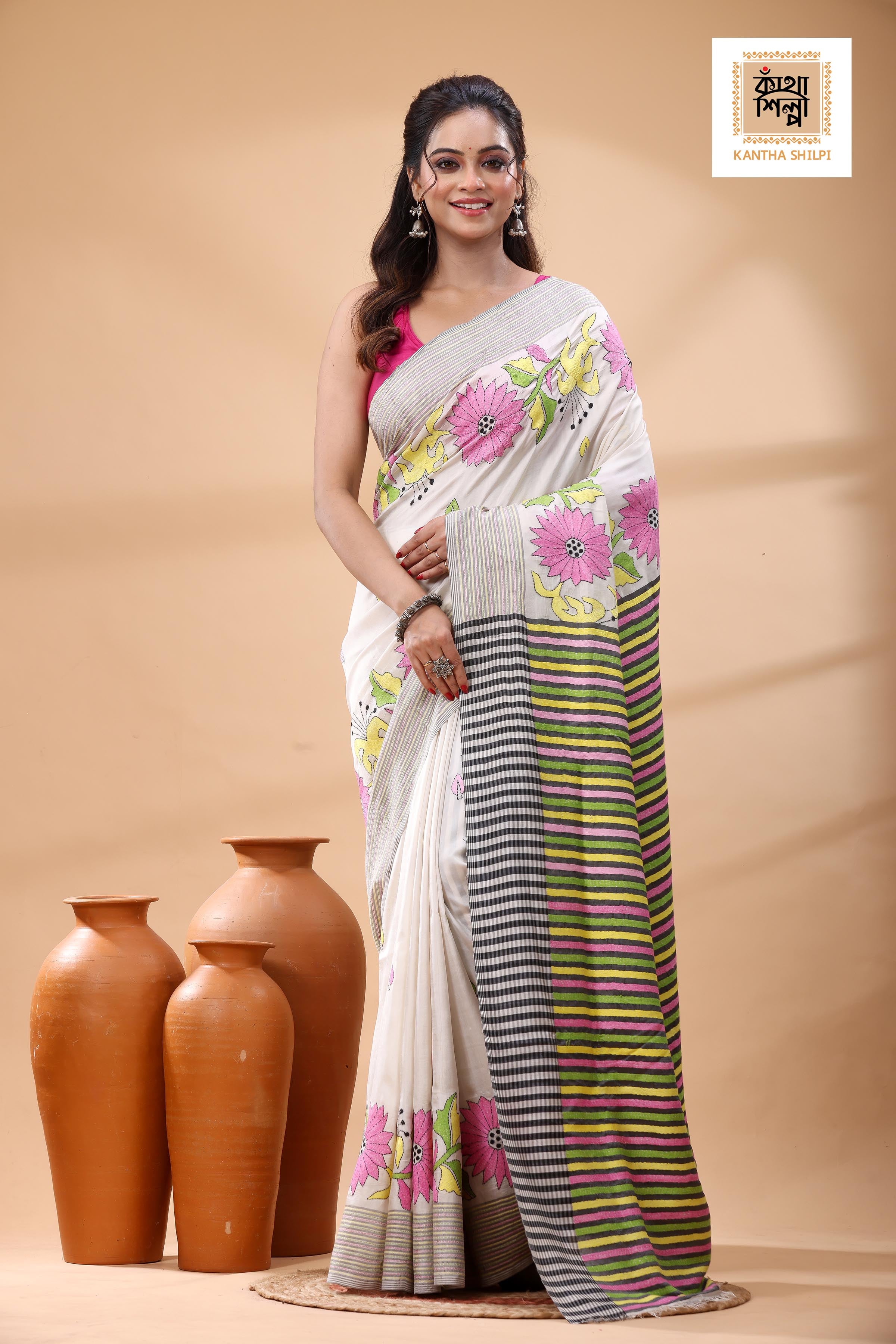 Bishnupuri (Katan) Silk Kantha Stitch Saree
