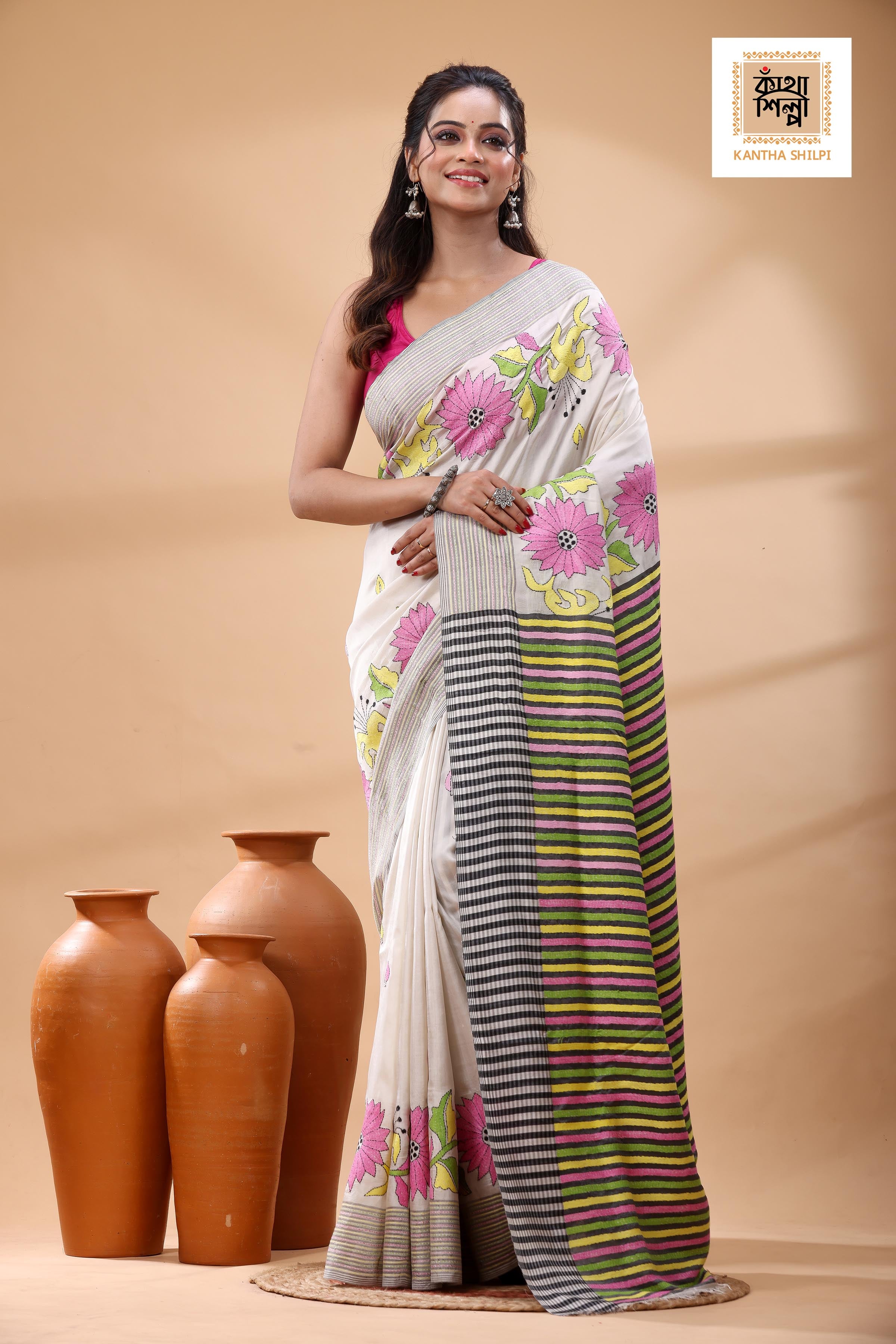 Bishnupuri (Katan) Silk Kantha Stitch Saree