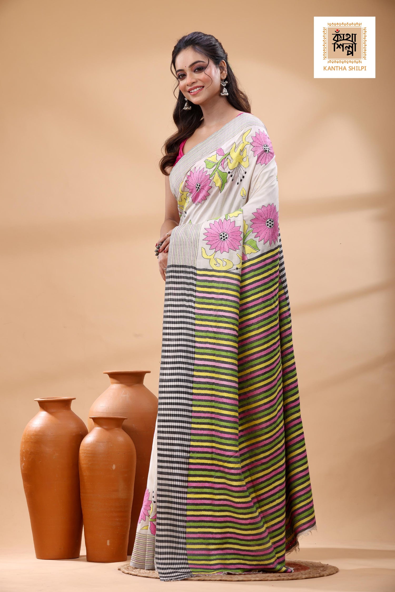 Bishnupuri (Katan) Silk Kantha Stitch Saree