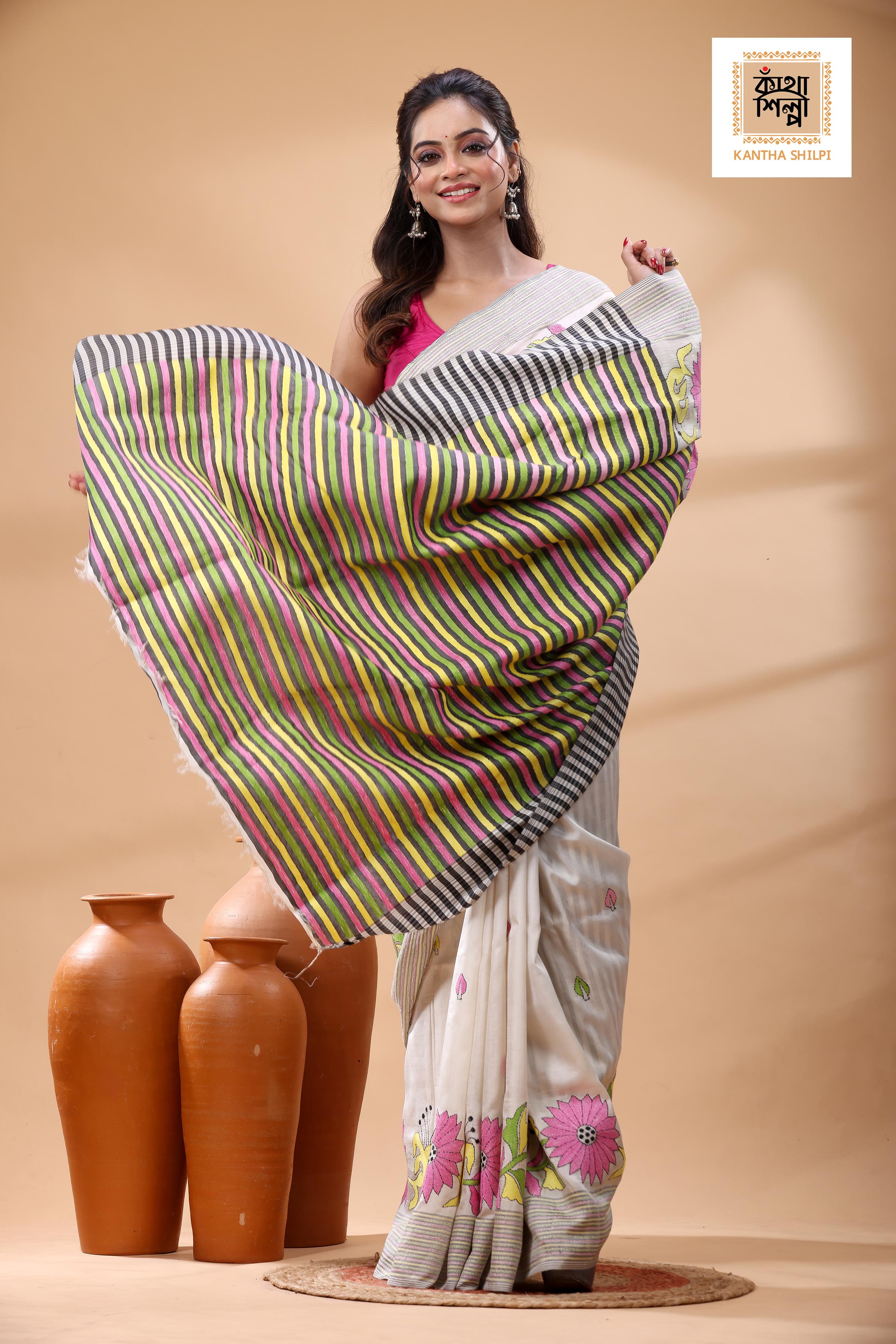 Bishnupuri (Katan) Silk Kantha Stitch Saree