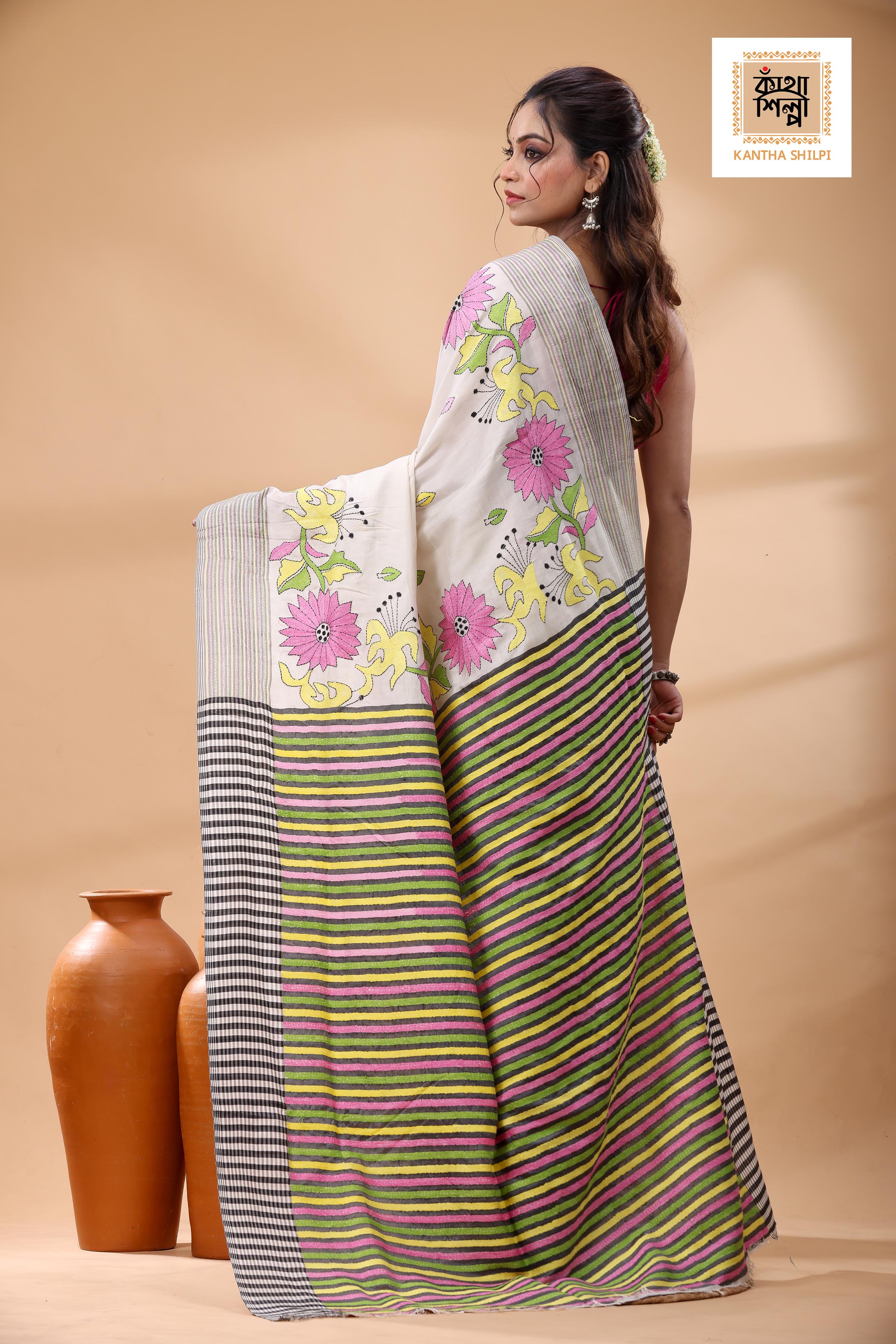 Bishnupuri (Katan) Silk Kantha Stitch Saree