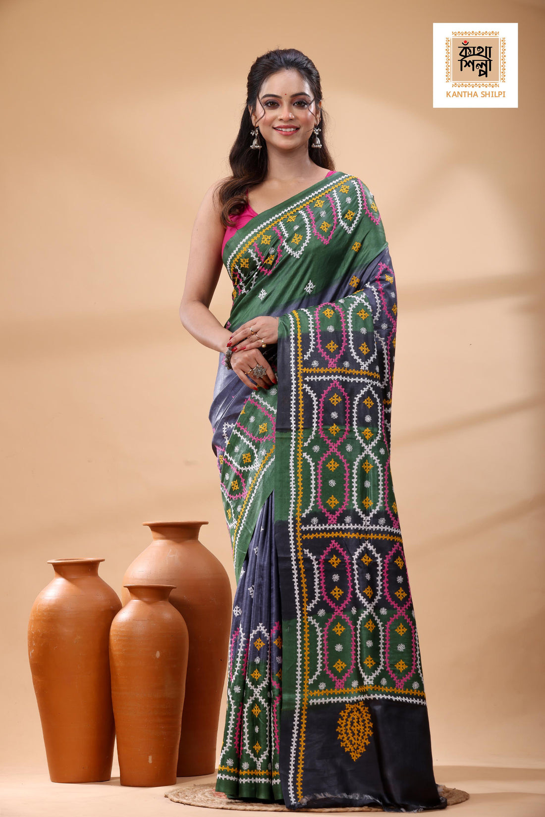 Pure Gachi Tussar Multicolor Dye And Multicolor Thread Work Gujrati Stitch Saree