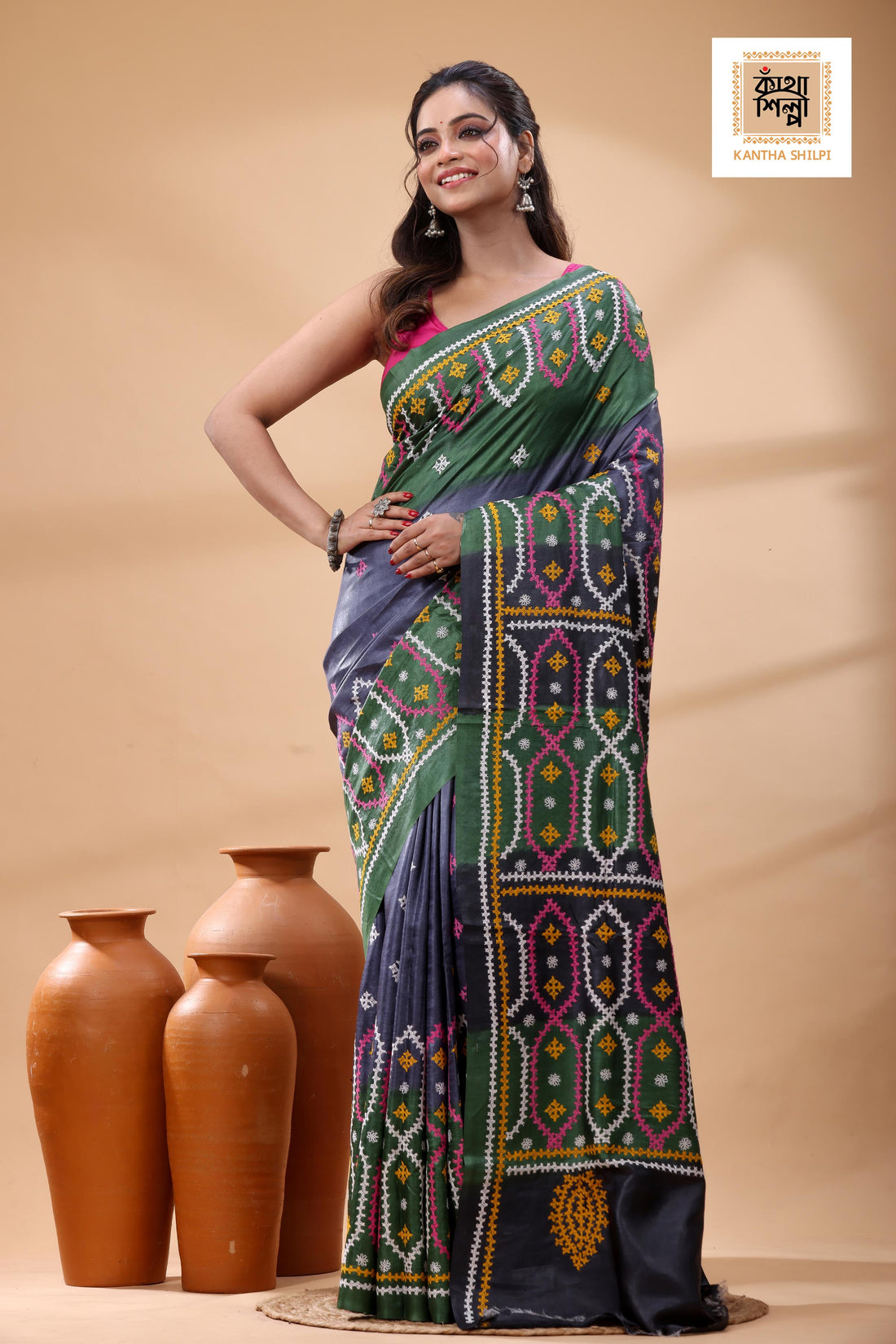 Pure Gachi Tussar Multicolor Dye And Multicolor Thread Work Gujrati Stitch Saree