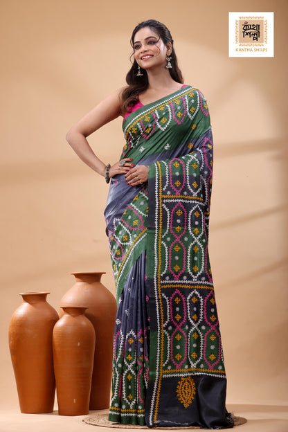 Pure Gachi Tussar Multicolor Dye And Multicolor Thread Work Gujrati Stitch Saree