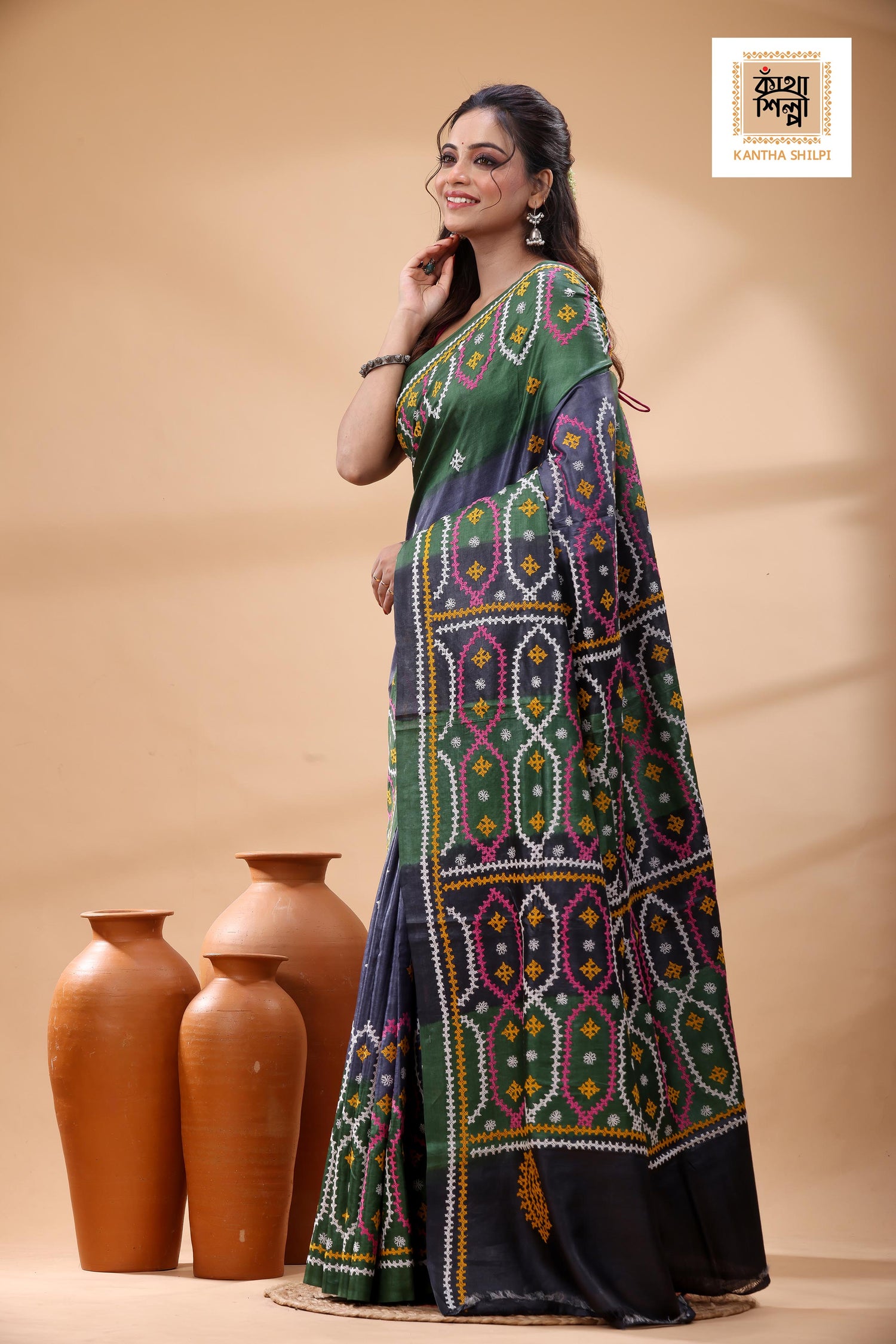 Pure Gachi Tussar Multicolor Dye And Multicolor Thread Work Gujrati Stitch Saree