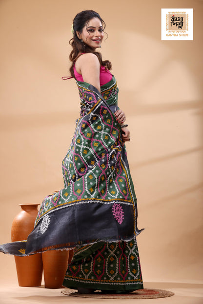 Pure Gachi Tussar Multicolor Dye And Multicolor Thread Work Gujrati Stitch Saree