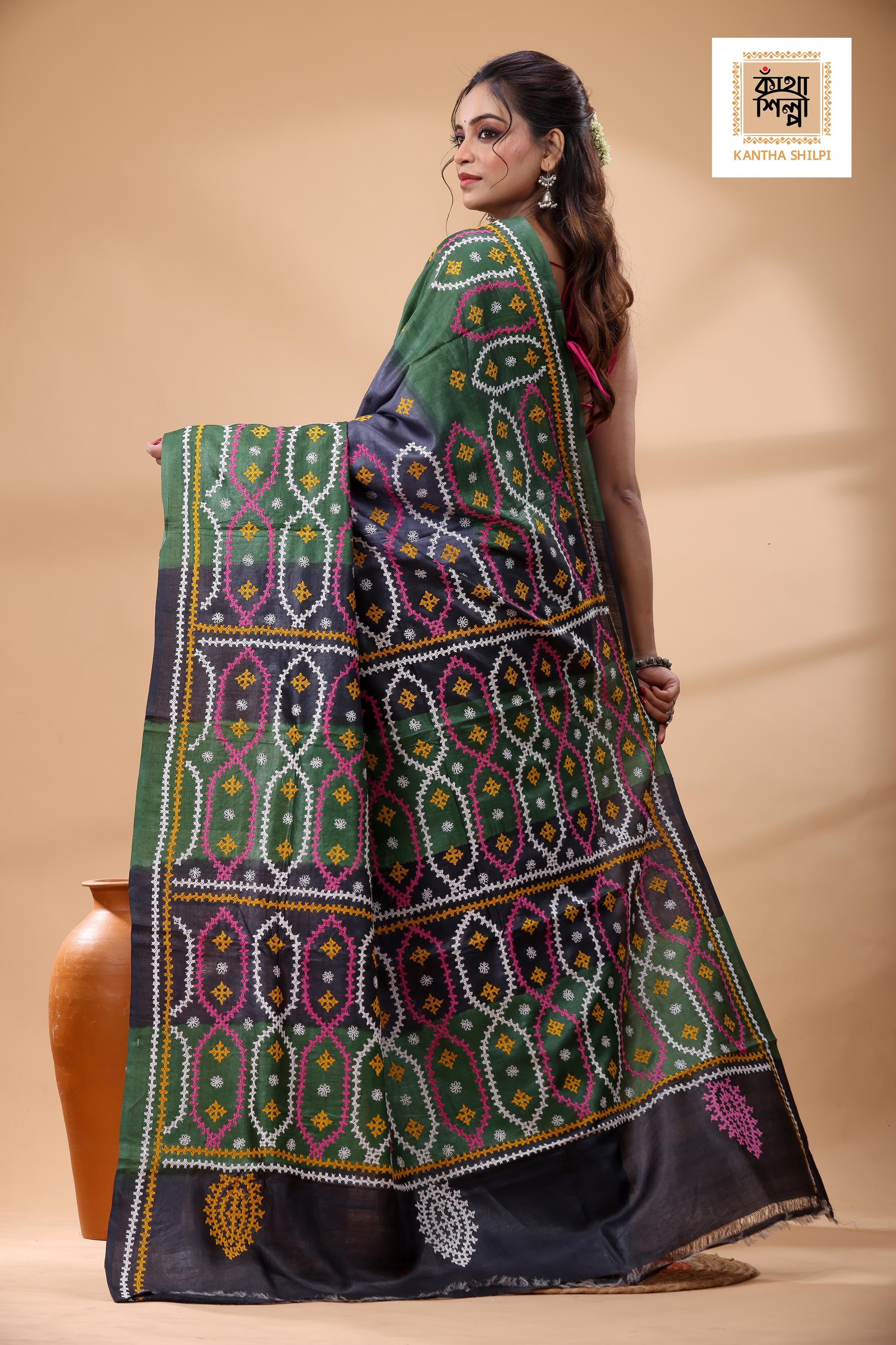 Pure Gachi Tussar Multicolor Dye And Multicolor Thread Work Gujrati Stitch Saree