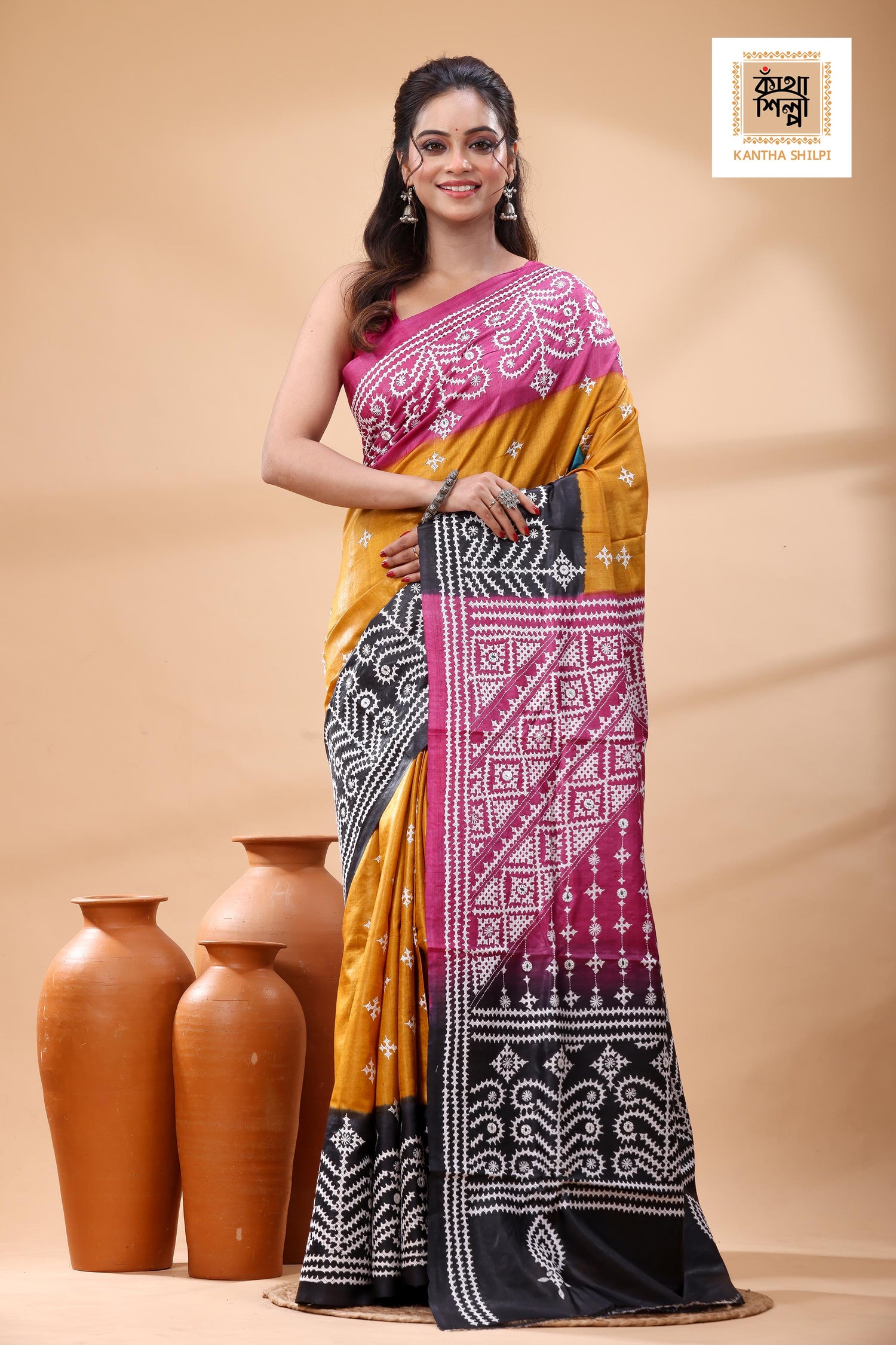 Pure Gachi Tussar Multicolor Dye And White Thread Work Gujrati Stitch Saree
