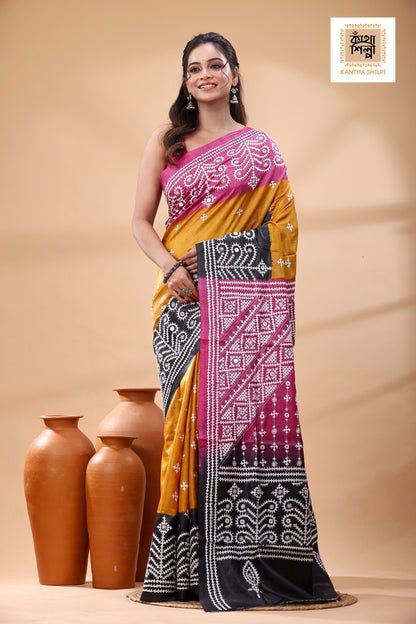 Pure Gachi Tussar Multicolor Dye And White Thread Work Gujrati Stitch Saree
