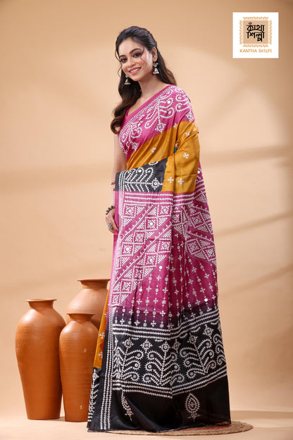 Pure Gachi Tussar Multicolor Dye And White Thread Work Gujrati Stitch Saree