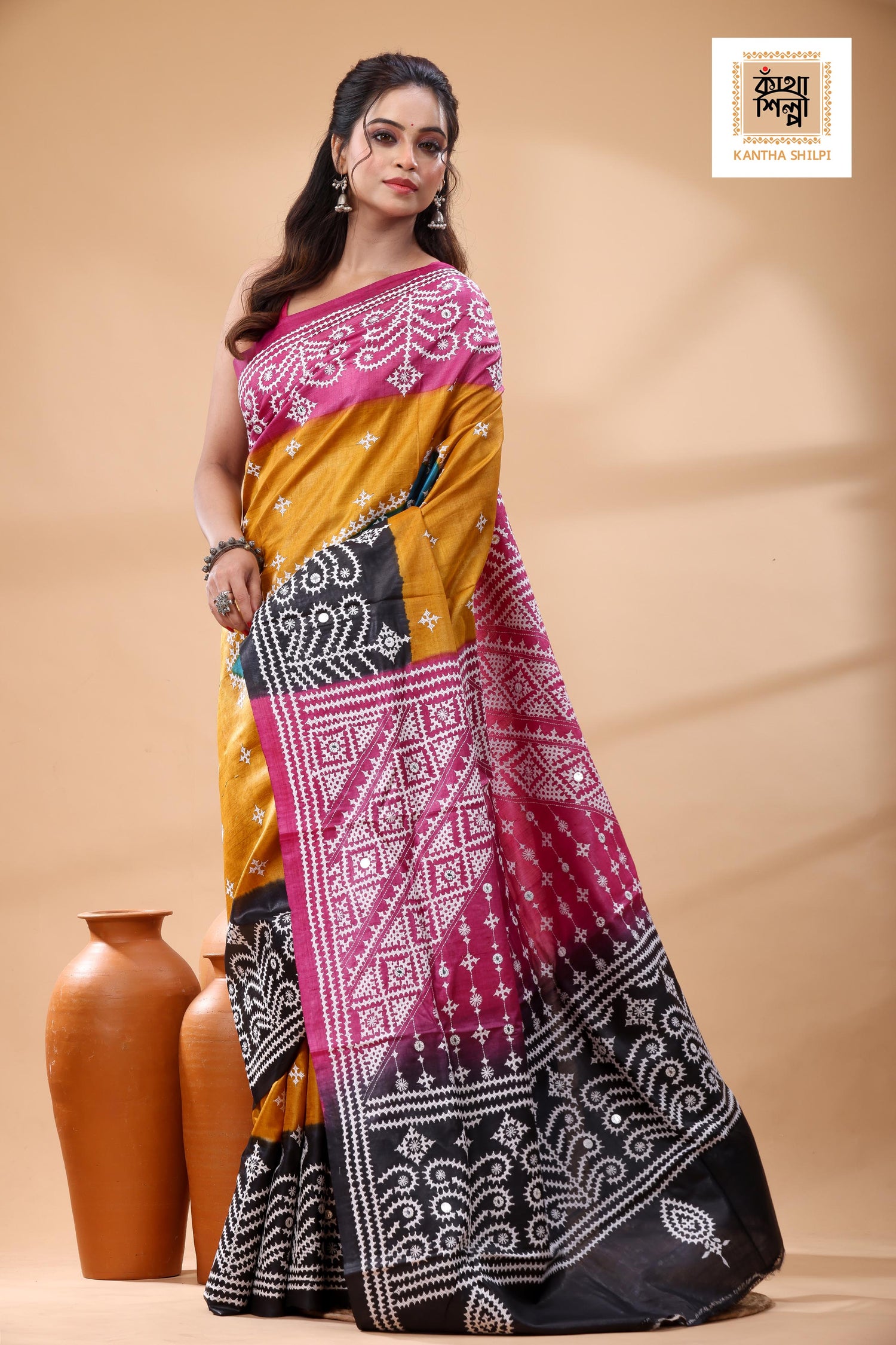 Pure Gachi Tussar Multicolor Dye And White Thread Work Gujrati Stitch Saree