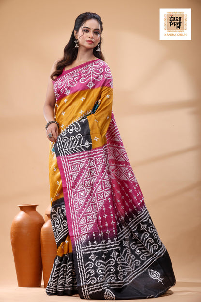 Pure Gachi Tussar Multicolor Dye And White Thread Work Gujrati Stitch Saree