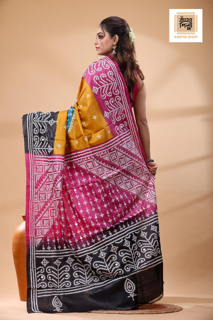 Pure Gachi Tussar Multicolor Dye And White Thread Work Gujrati Stitch Saree