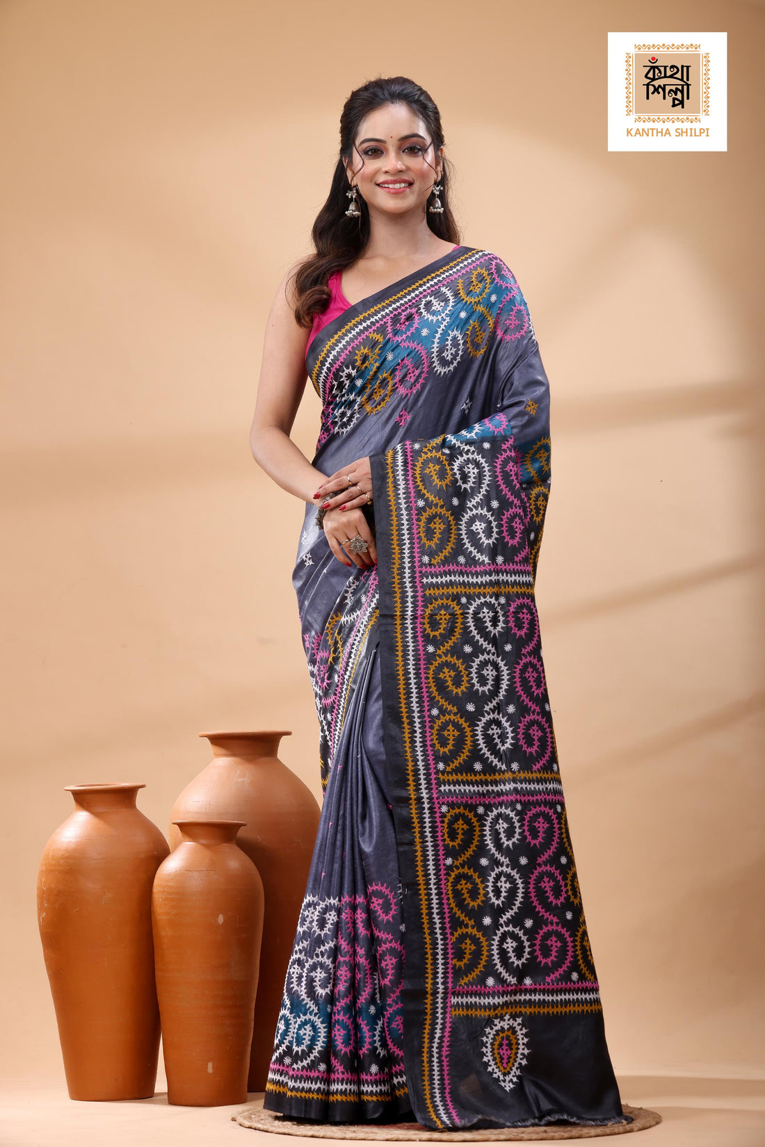 Pure Gachi Tussar Multicolor Dye And Multicolor Thread Work Gujrati Stitch Saree