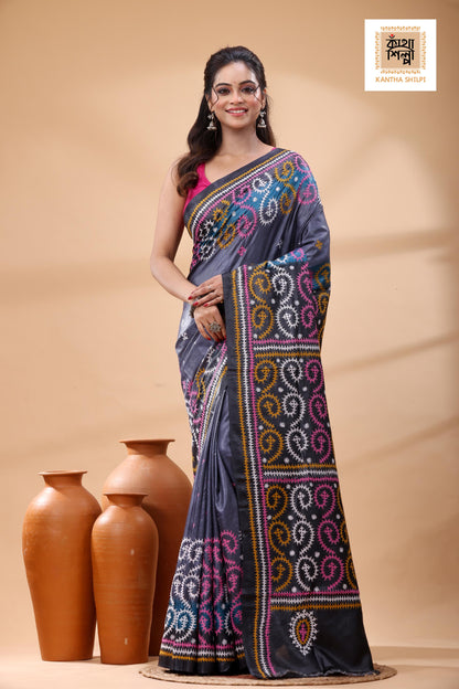 Pure Gachi Tussar Multicolor Dye And Multicolor Thread Work Gujrati Stitch Saree