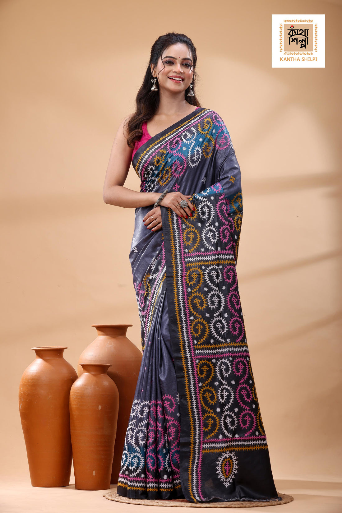 Pure Gachi Tussar Multicolor Dye And Multicolor Thread Work Gujrati Stitch Saree
