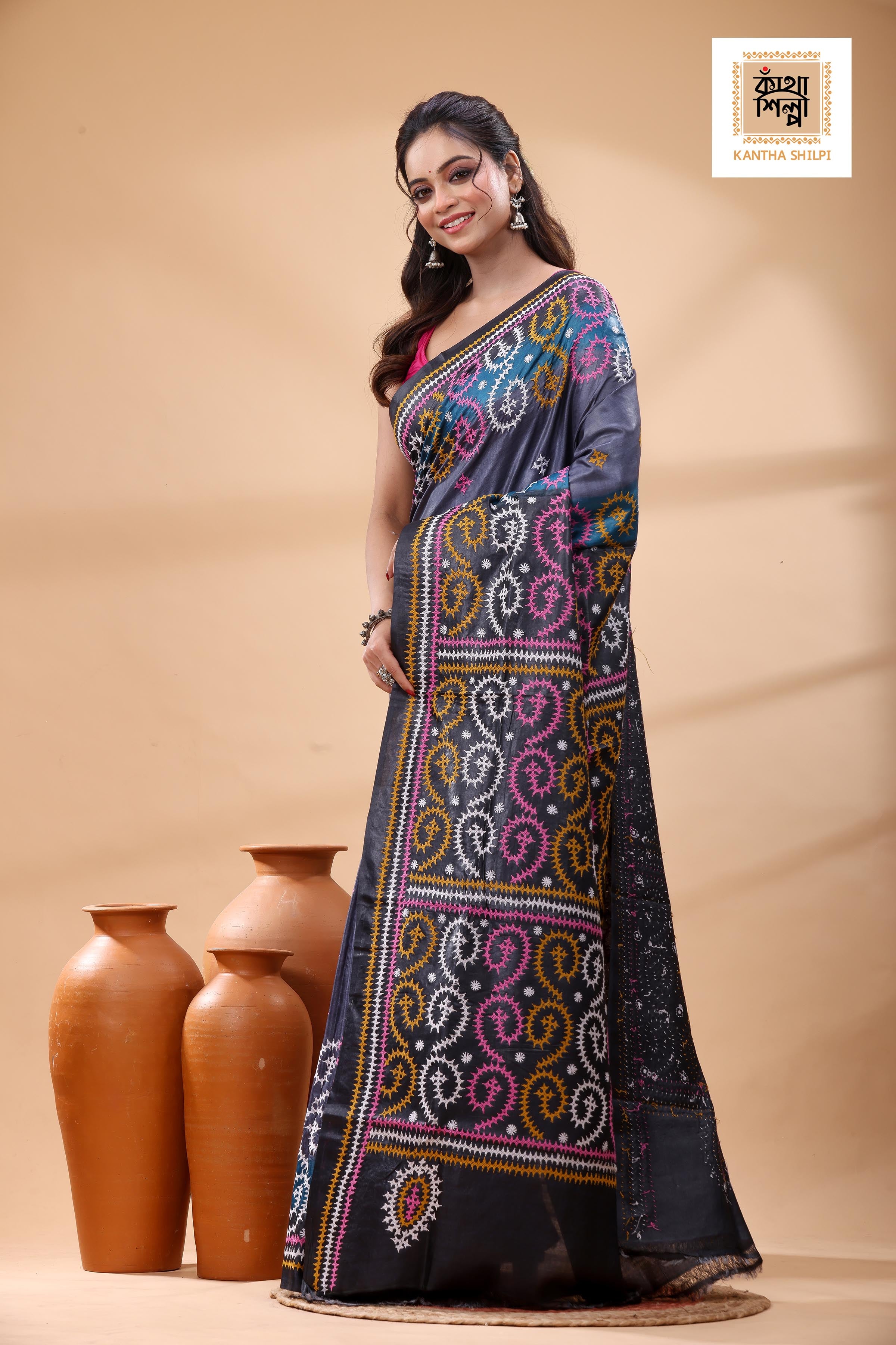 Pure Gachi Tussar Multicolor Dye And Multicolor Thread Work Gujrati Stitch Saree