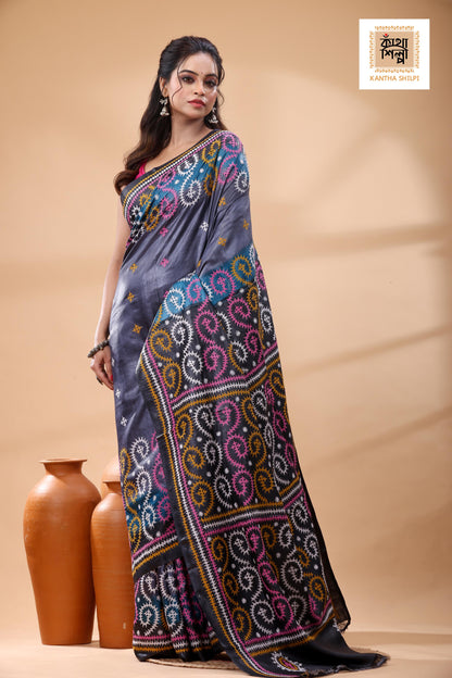 Pure Gachi Tussar Multicolor Dye And Multicolor Thread Work Gujrati Stitch Saree