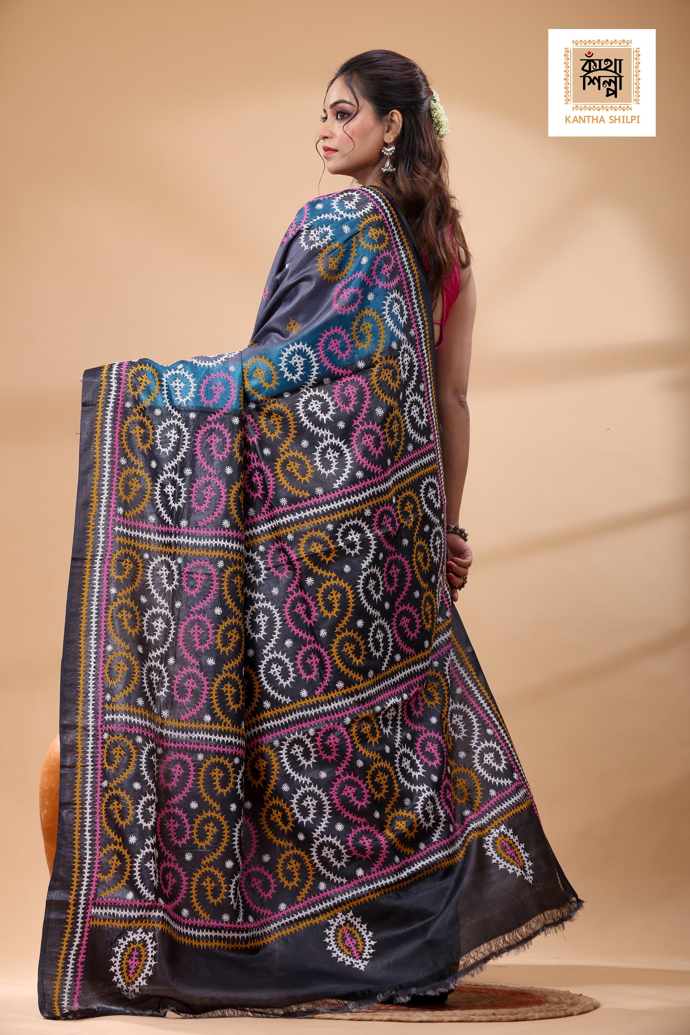 Pure Gachi Tussar Multicolor Dye And Multicolor Thread Work Gujrati Stitch Saree