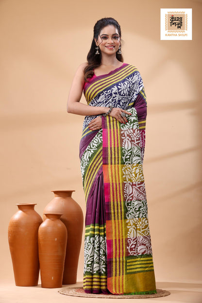 Bishnupuri (Katan) Silk Kantha Stitch Saree