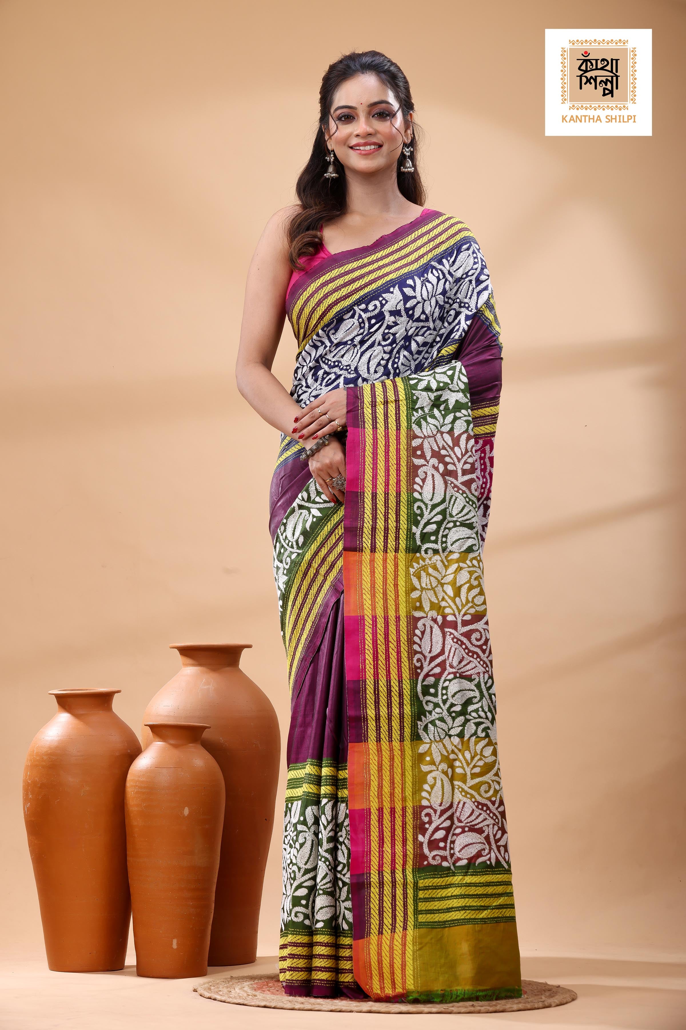 Bishnupuri (Katan) Silk Kantha Stitch Saree