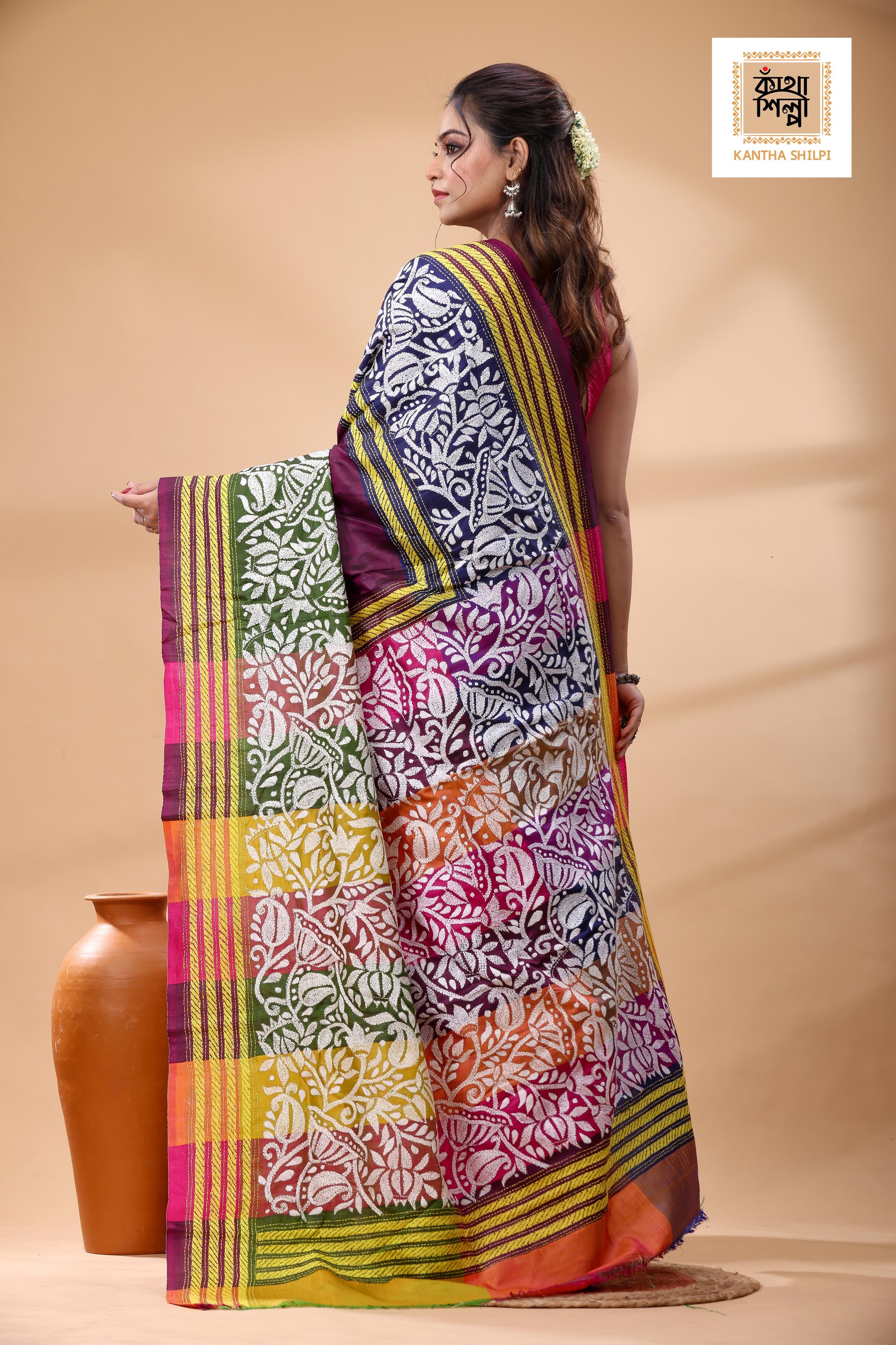 Bishnupuri (Katan) Silk Kantha Stitch Saree