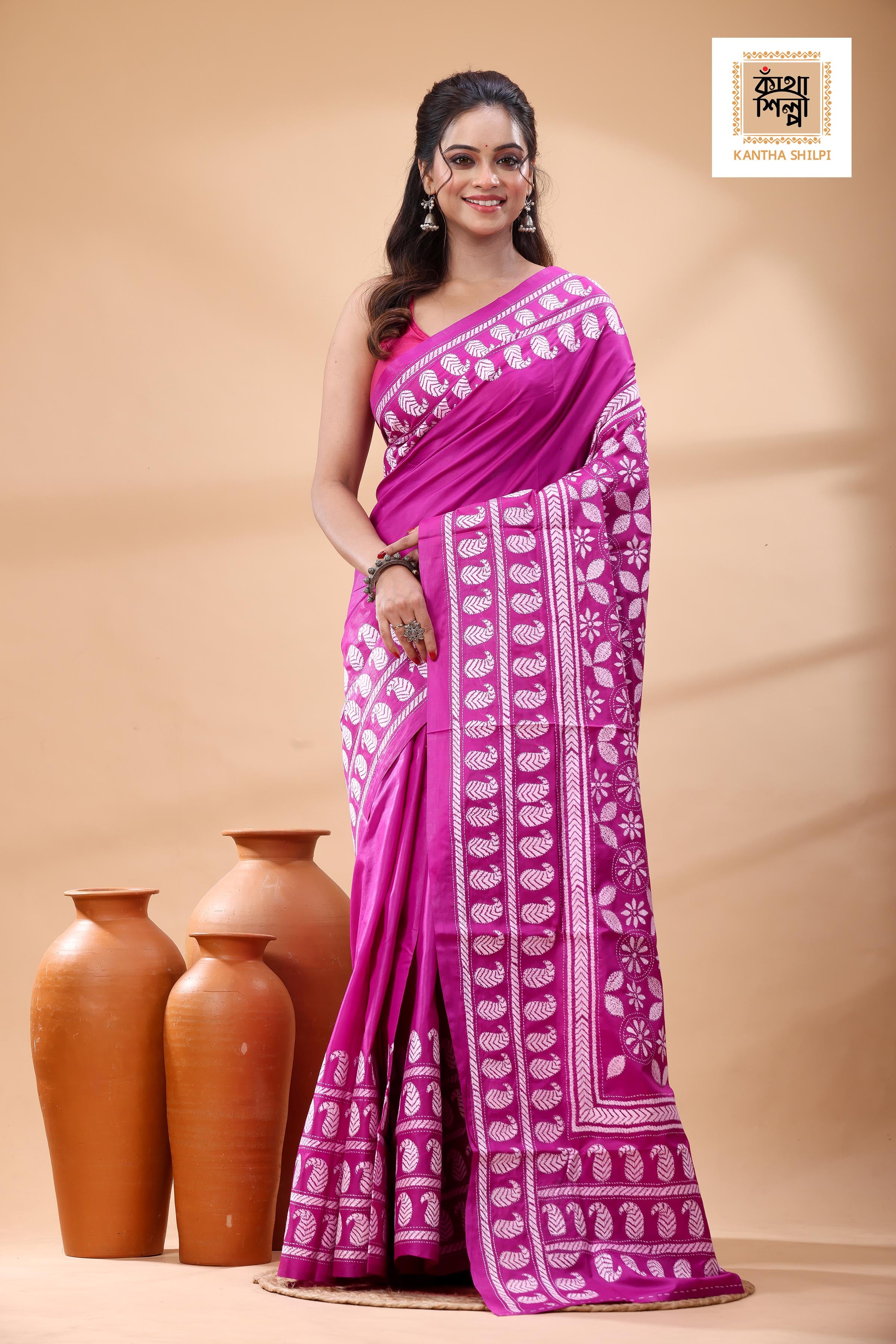 Pink Pure Bangalore Silk White Color Thread Work Kantha Stitch Saree