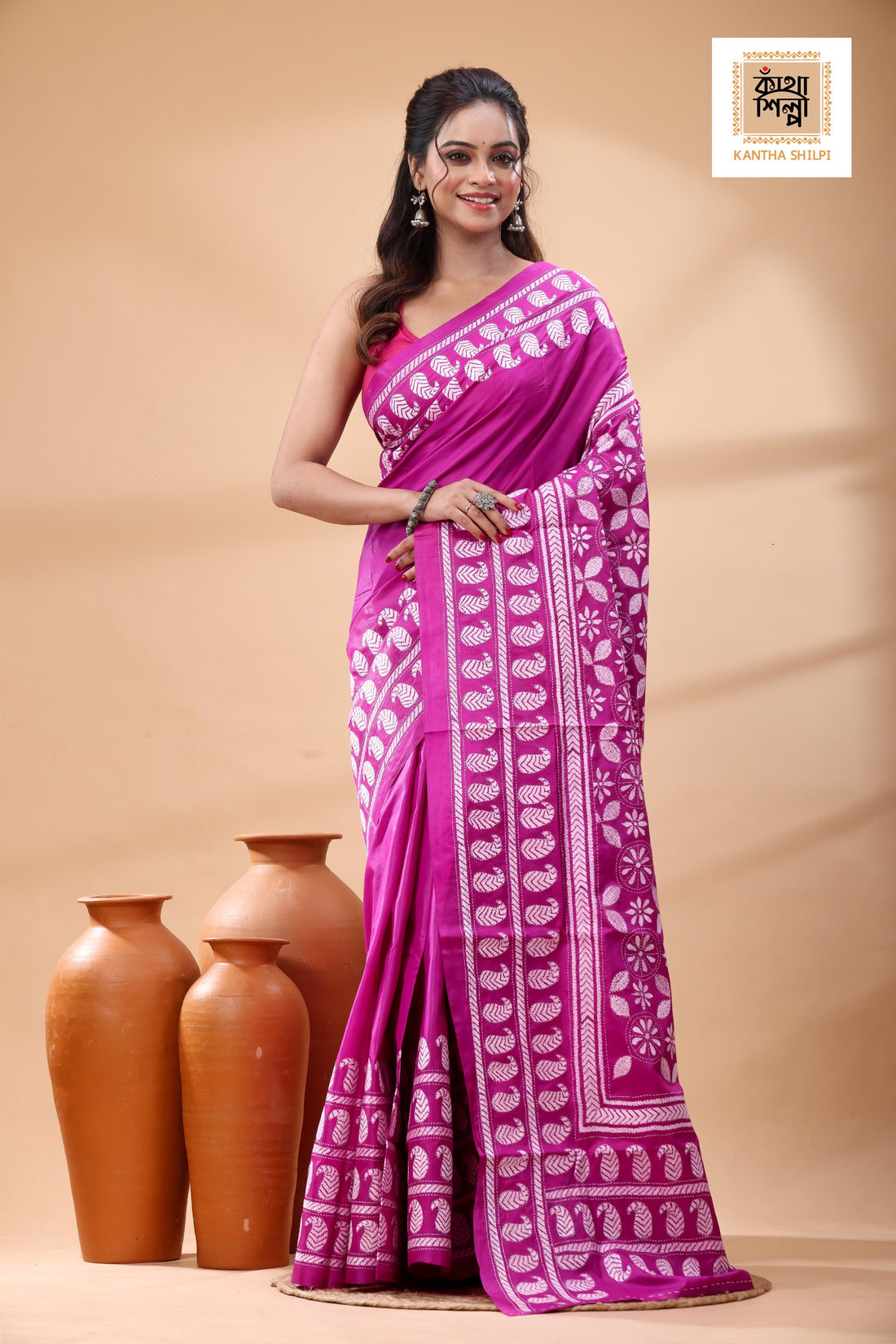 Pink Pure Bangalore Silk White Color Thread Work Kantha Stitch Saree