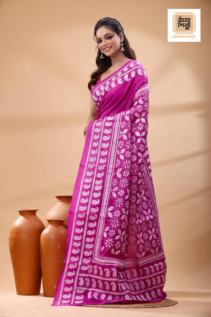 Pink Pure Bangalore Silk White Color Thread Work Kantha Stitch Saree