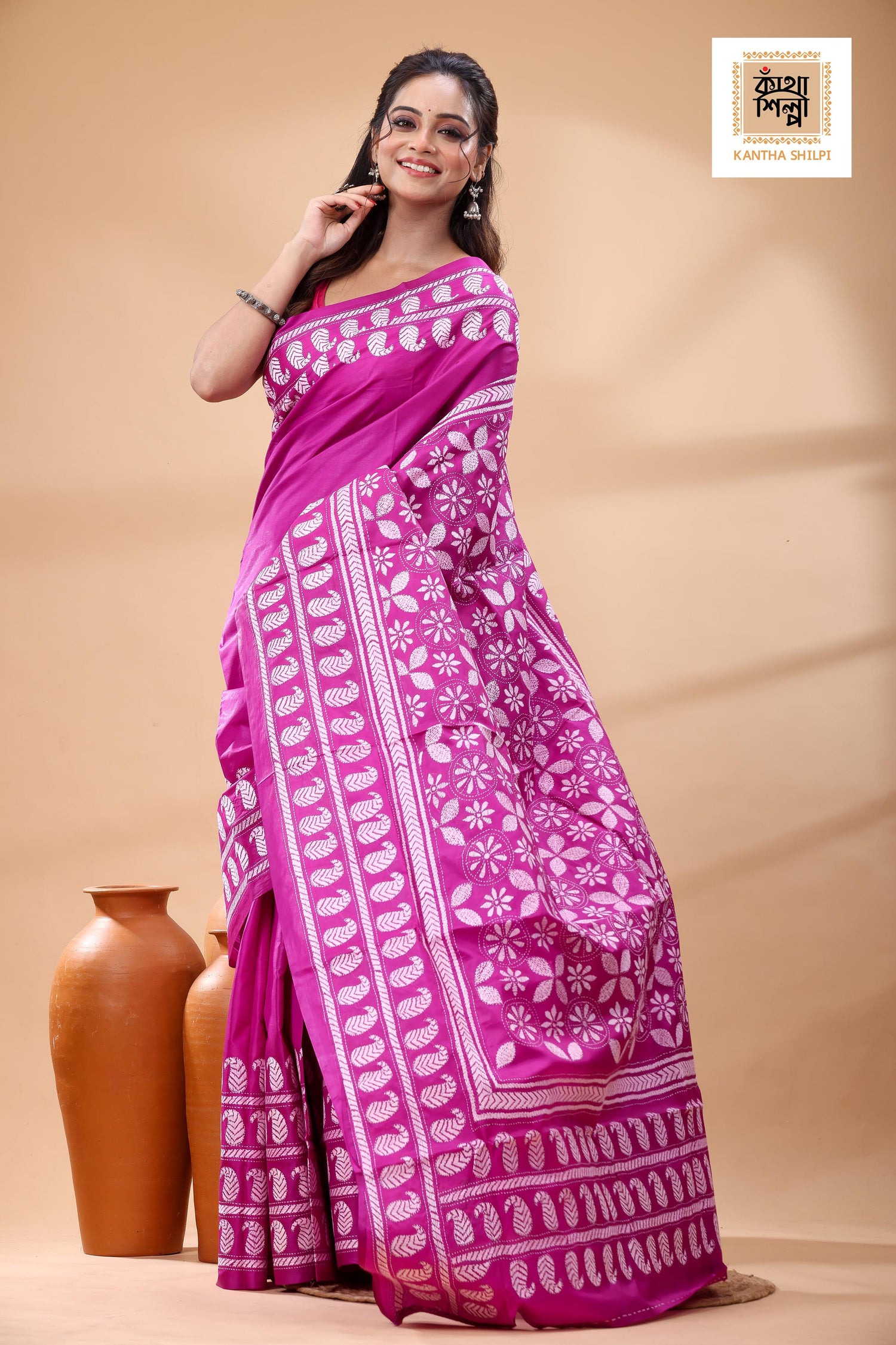 Pink Pure Bangalore Silk White Color Thread Work Kantha Stitch Saree