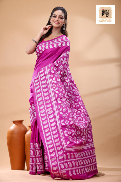 Pink Pure Bangalore Silk White Color Thread Work Kantha Stitch Saree
