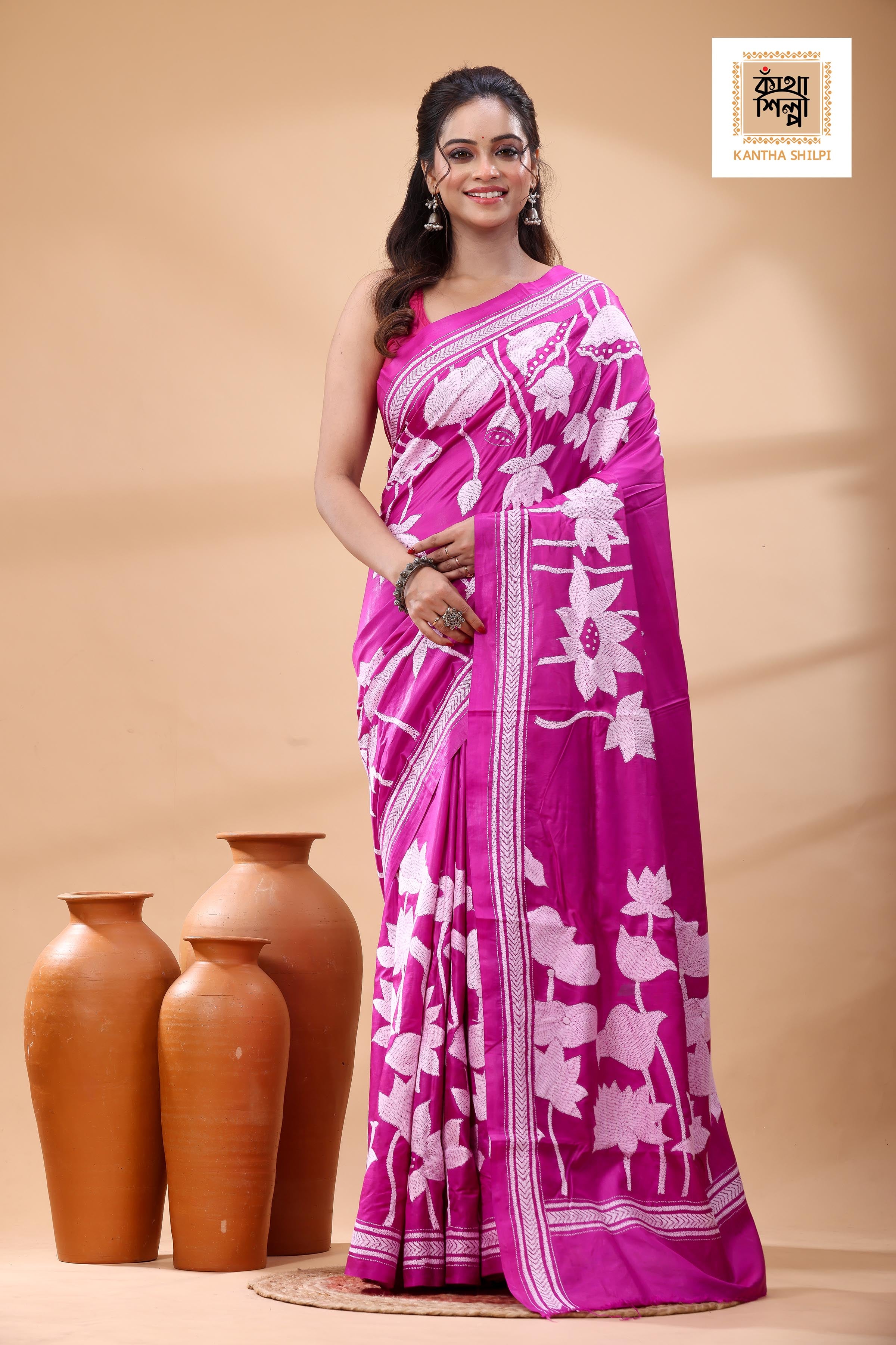Pink Pure Bangalore Silk White Color Thread Work Kantha Stitch Saree