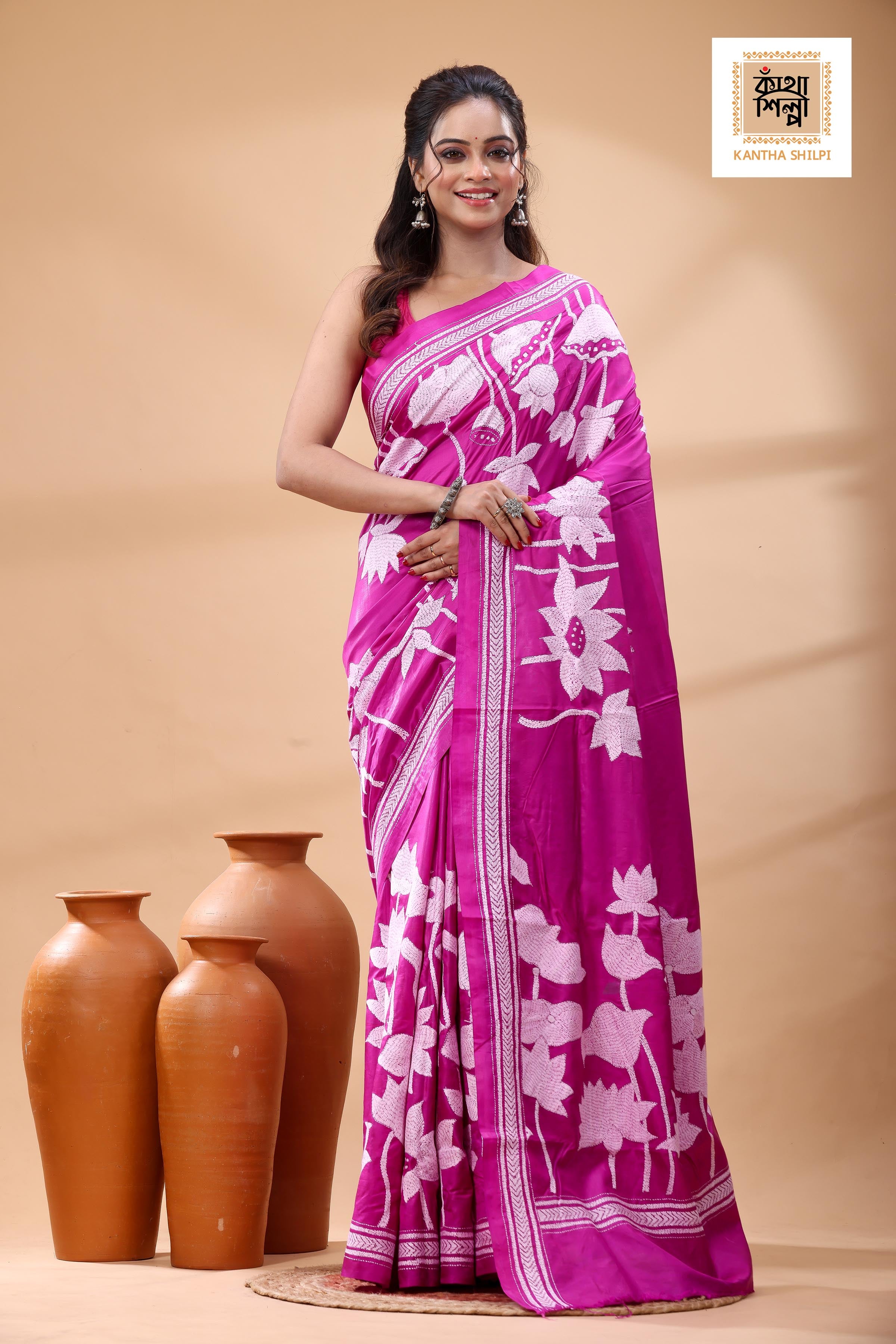 Pink Pure Bangalore Silk White Color Thread Work Kantha Stitch Saree
