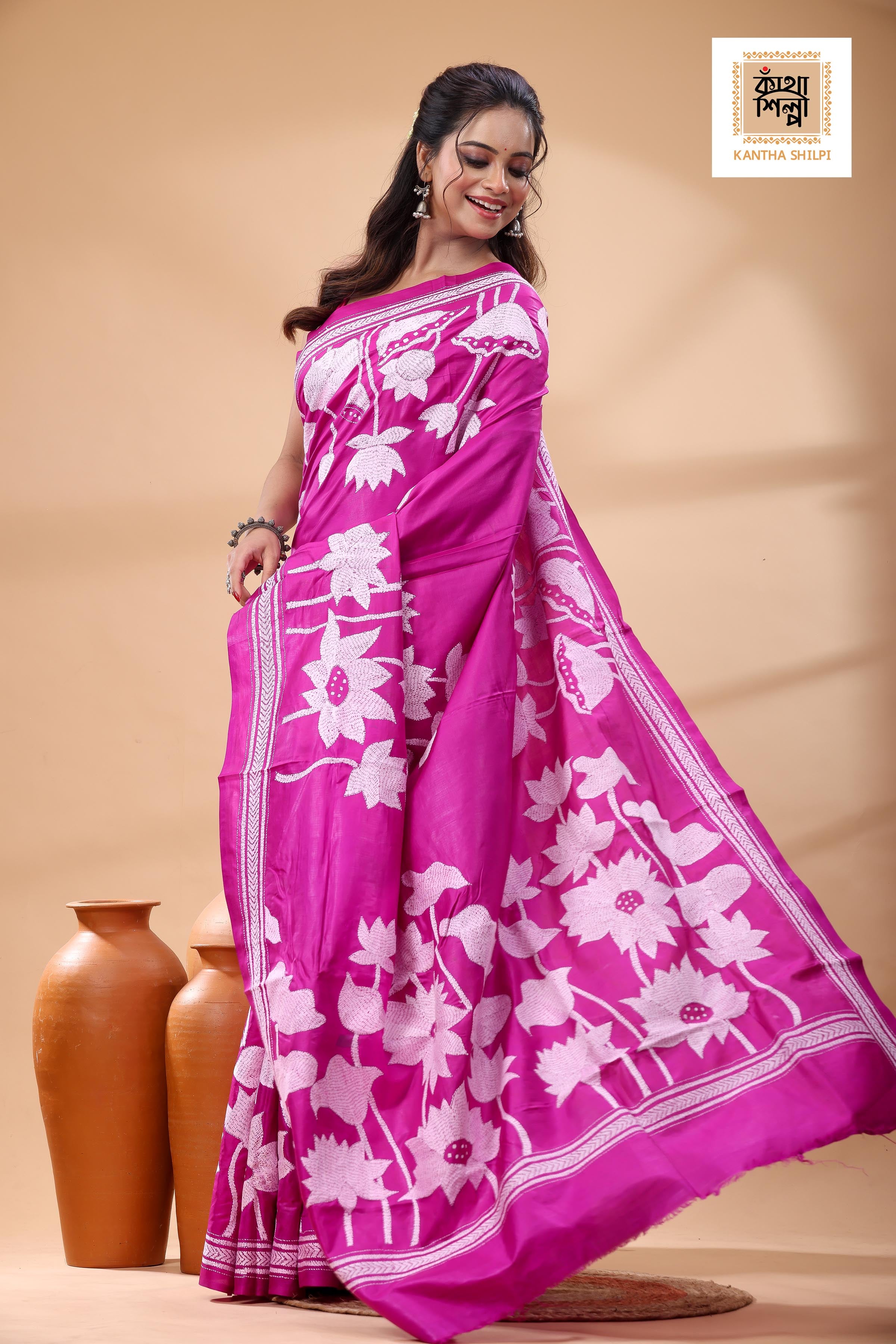 Pink Pure Bangalore Silk White Color Thread Work Kantha Stitch Saree