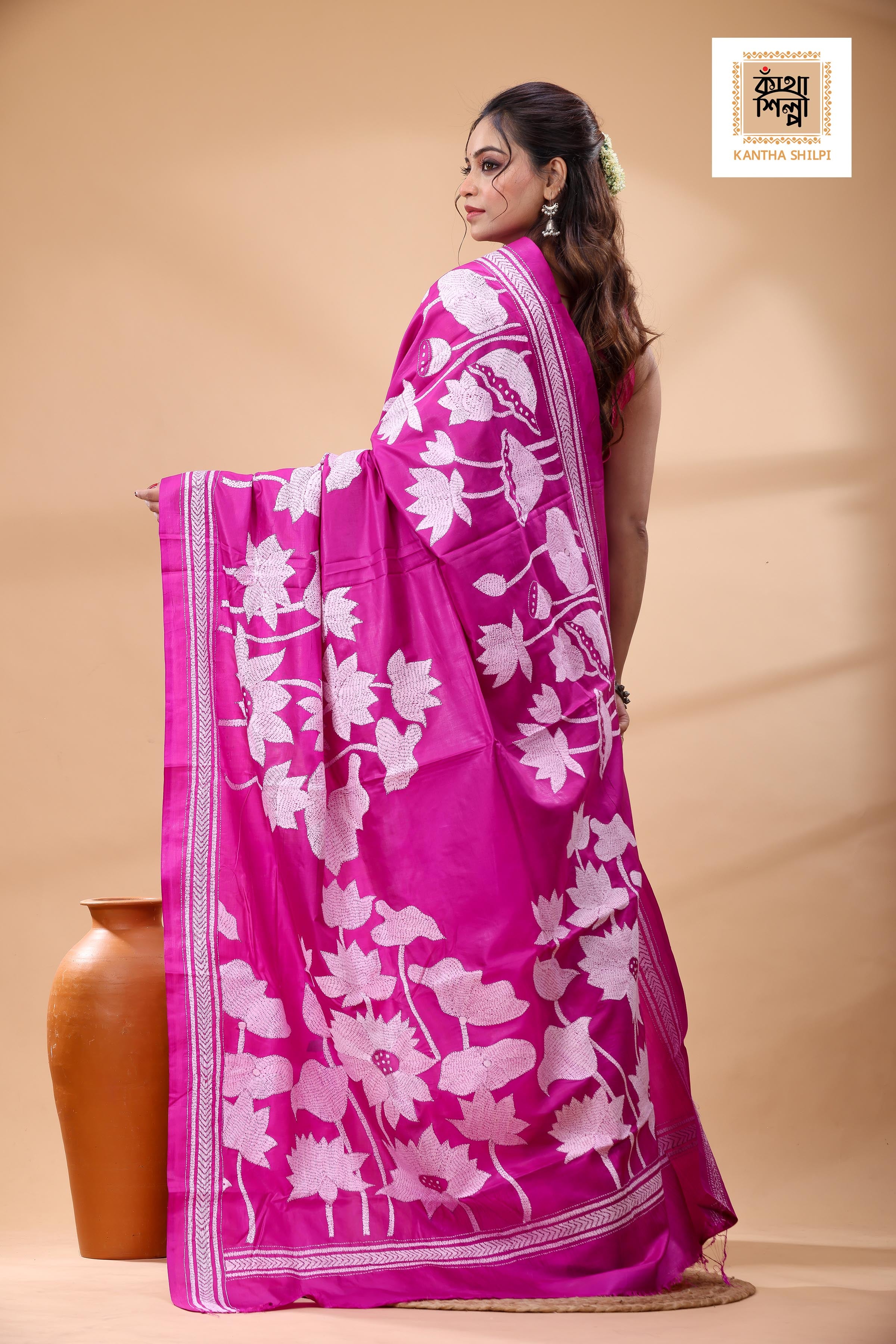 Pink Pure Bangalore Silk White Color Thread Work Kantha Stitch Saree