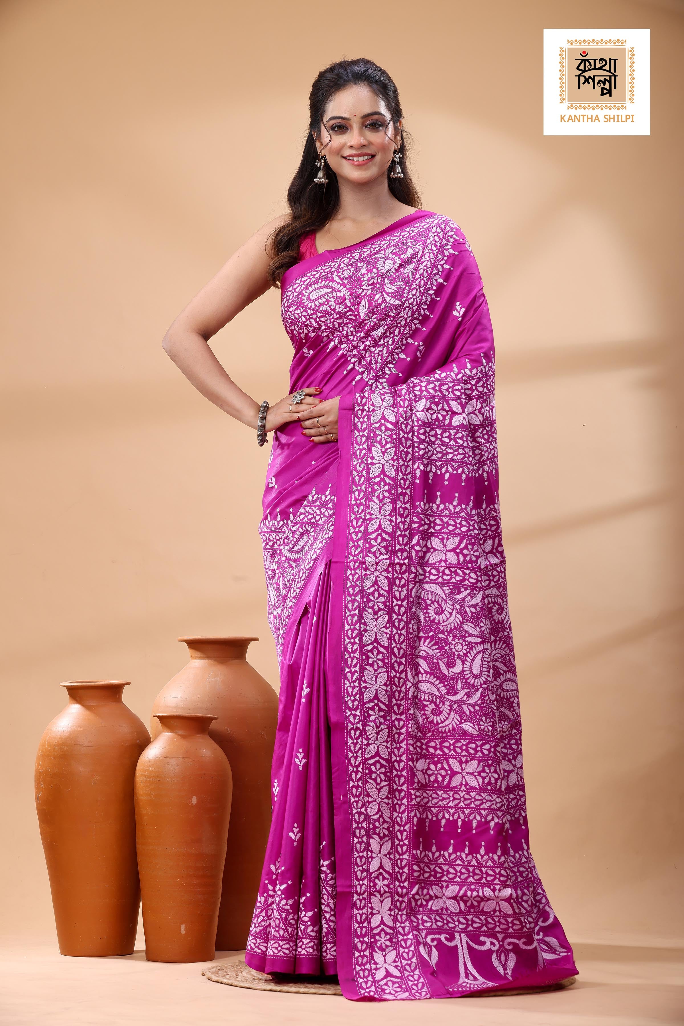 Pink Pure Bangalore Silk White Color Thread Work Kantha Stitch Saree