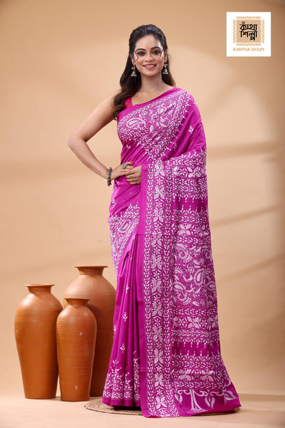 Pink Pure Bangalore Silk White Color Thread Work Kantha Stitch Saree