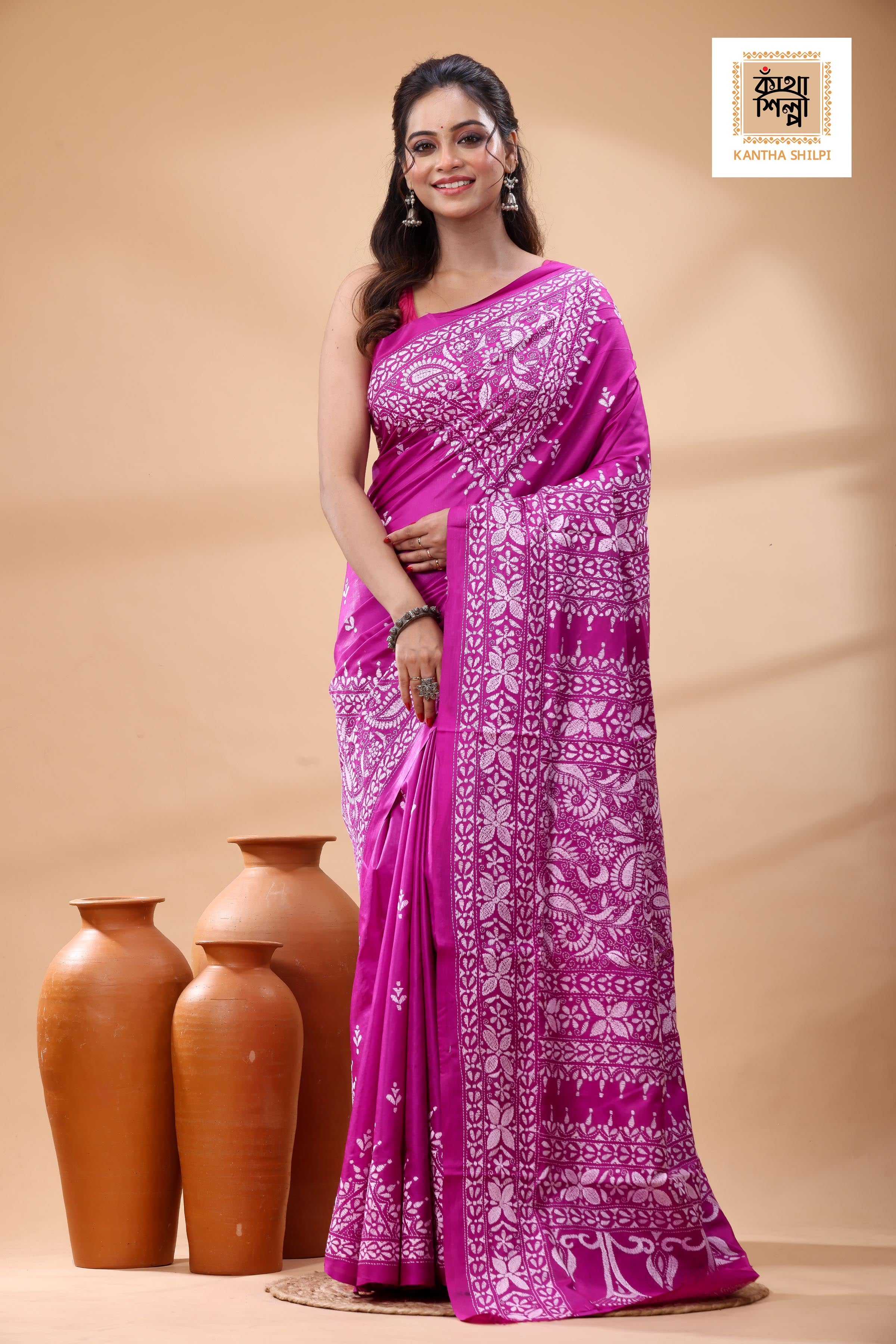 Pink Pure Bangalore Silk White Color Thread Work Kantha Stitch Saree