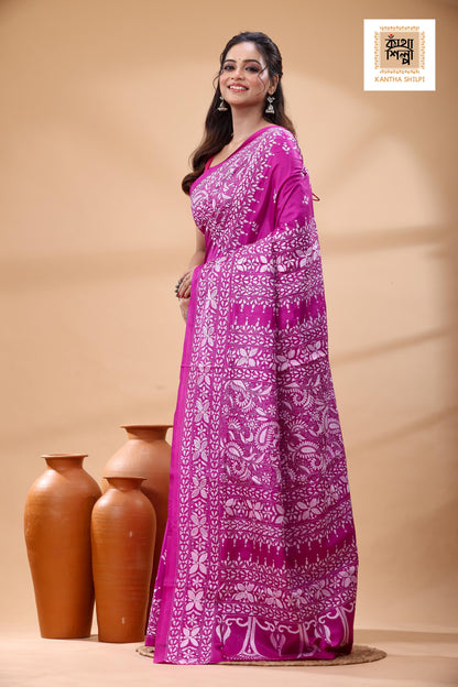 Pink Pure Bangalore Silk White Color Thread Work Kantha Stitch Saree