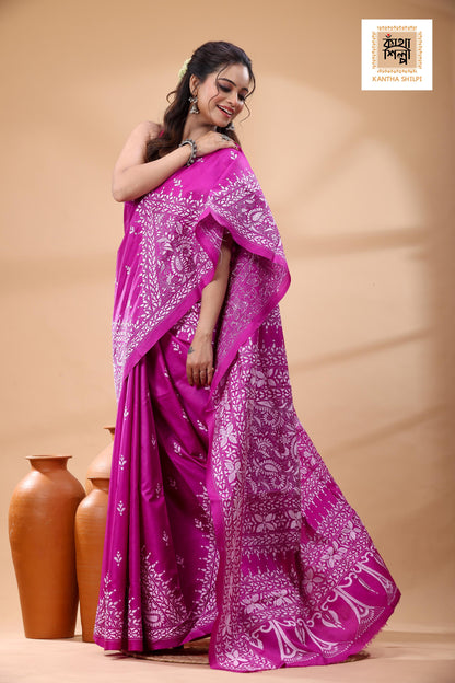 Pink Pure Bangalore Silk White Color Thread Work Kantha Stitch Saree