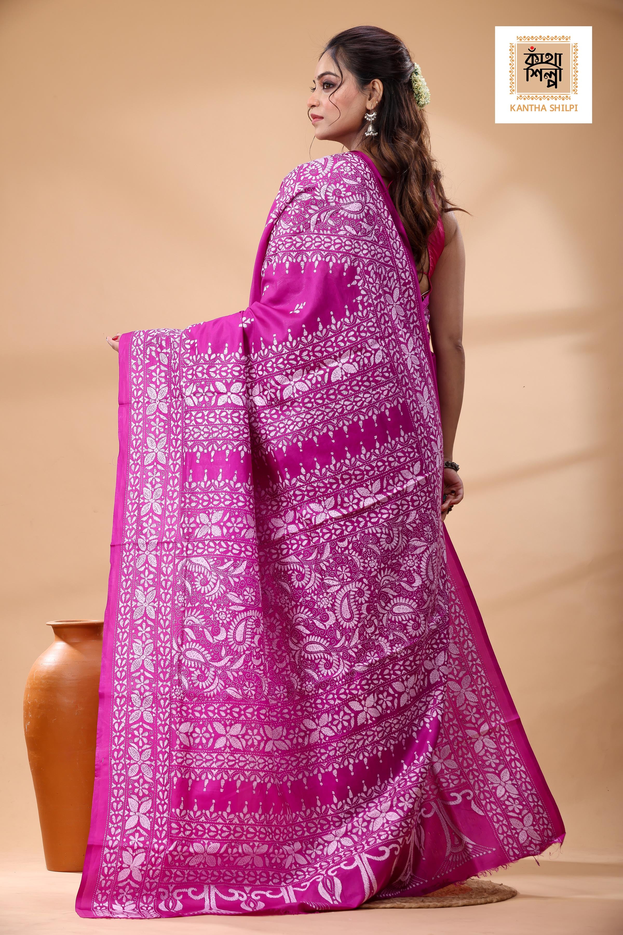 Pink Pure Bangalore Silk White Color Thread Work Kantha Stitch Saree