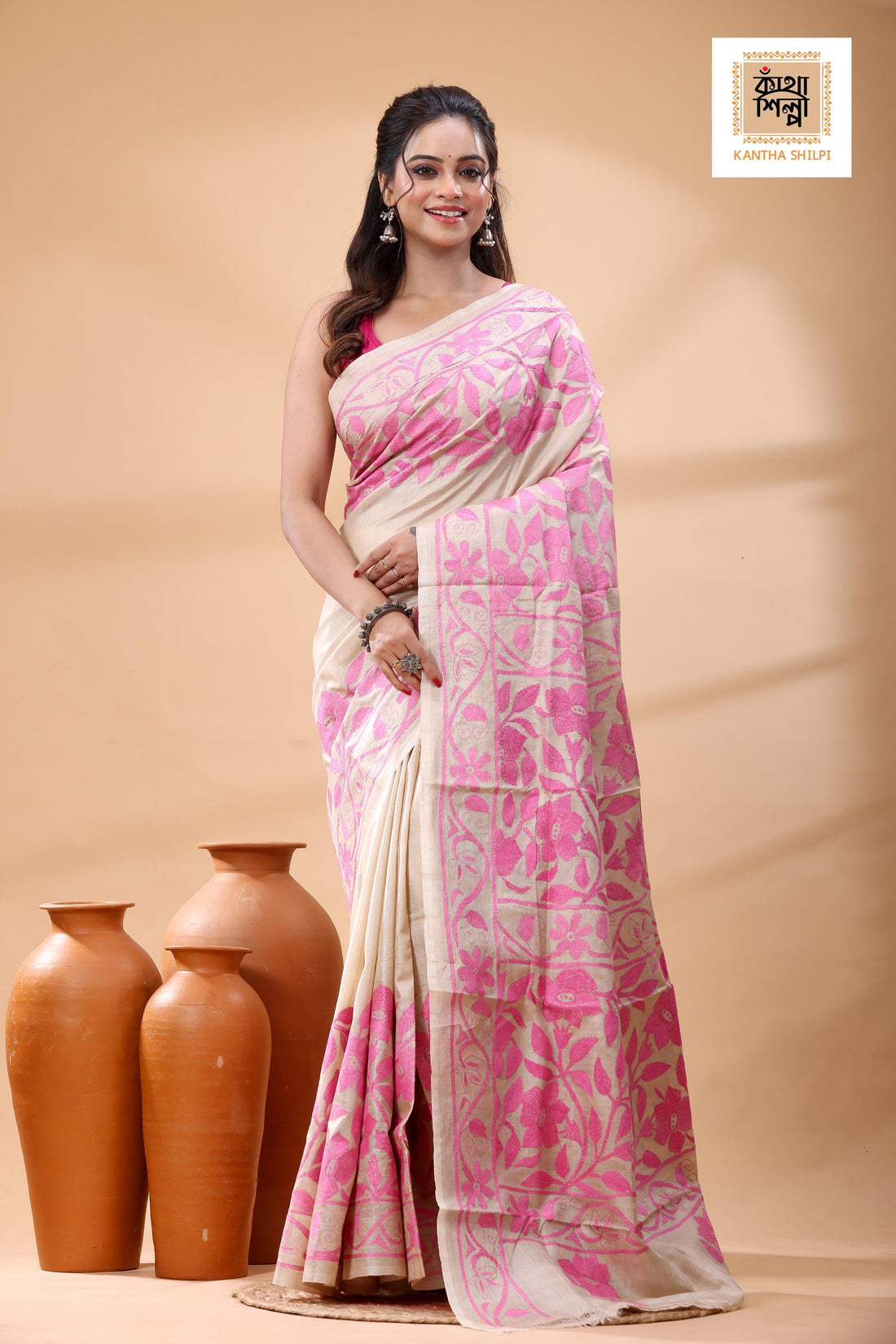 Pure Gachi Tussar Pink Color Thread Work Kantha Stitch Saree