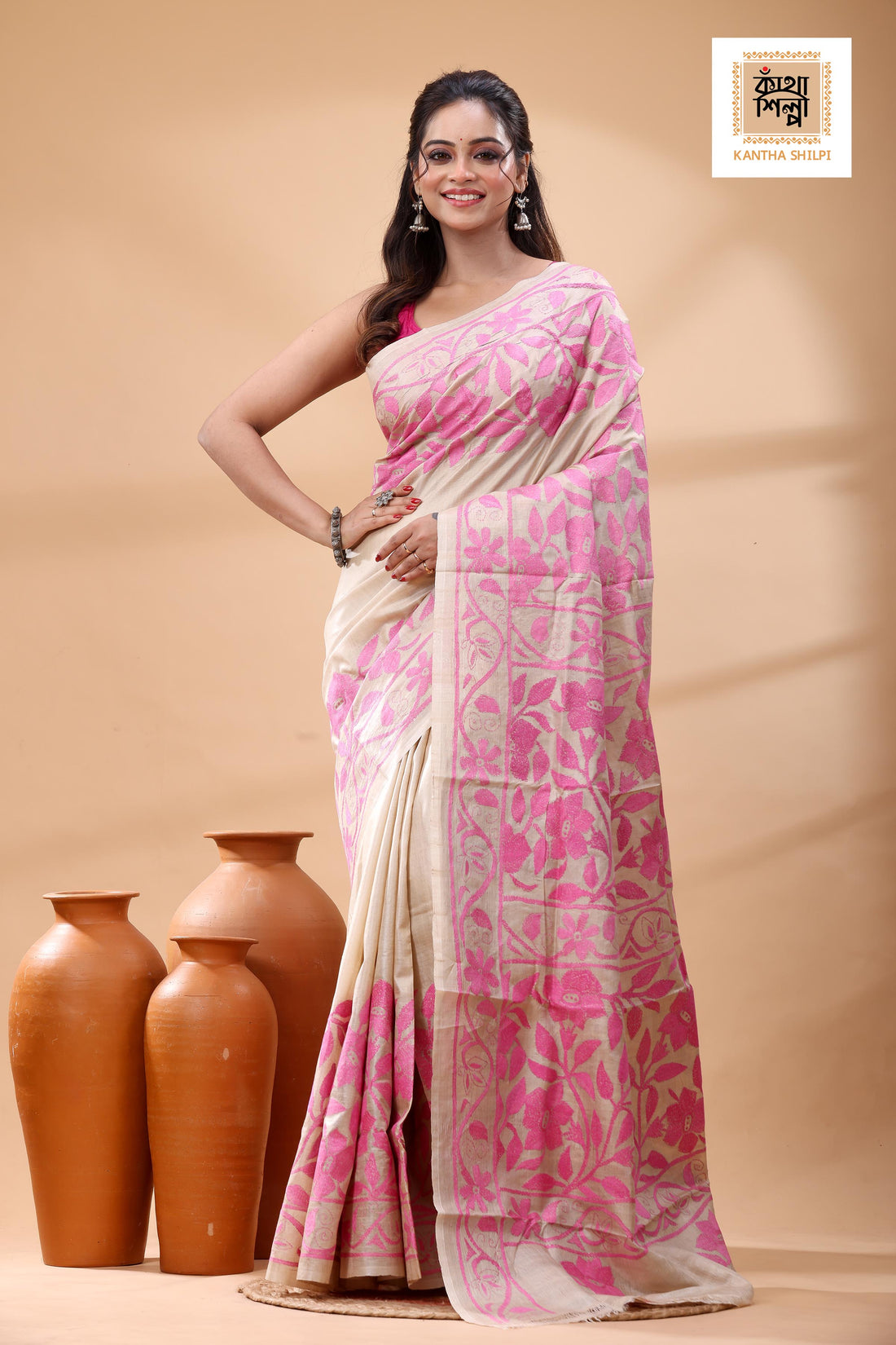 Pure Gachi Tussar Pink Color Thread Work Kantha Stitch Saree