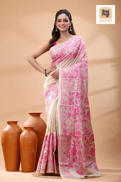 Pure Gachi Tussar Pink Color Thread Work Kantha Stitch Saree