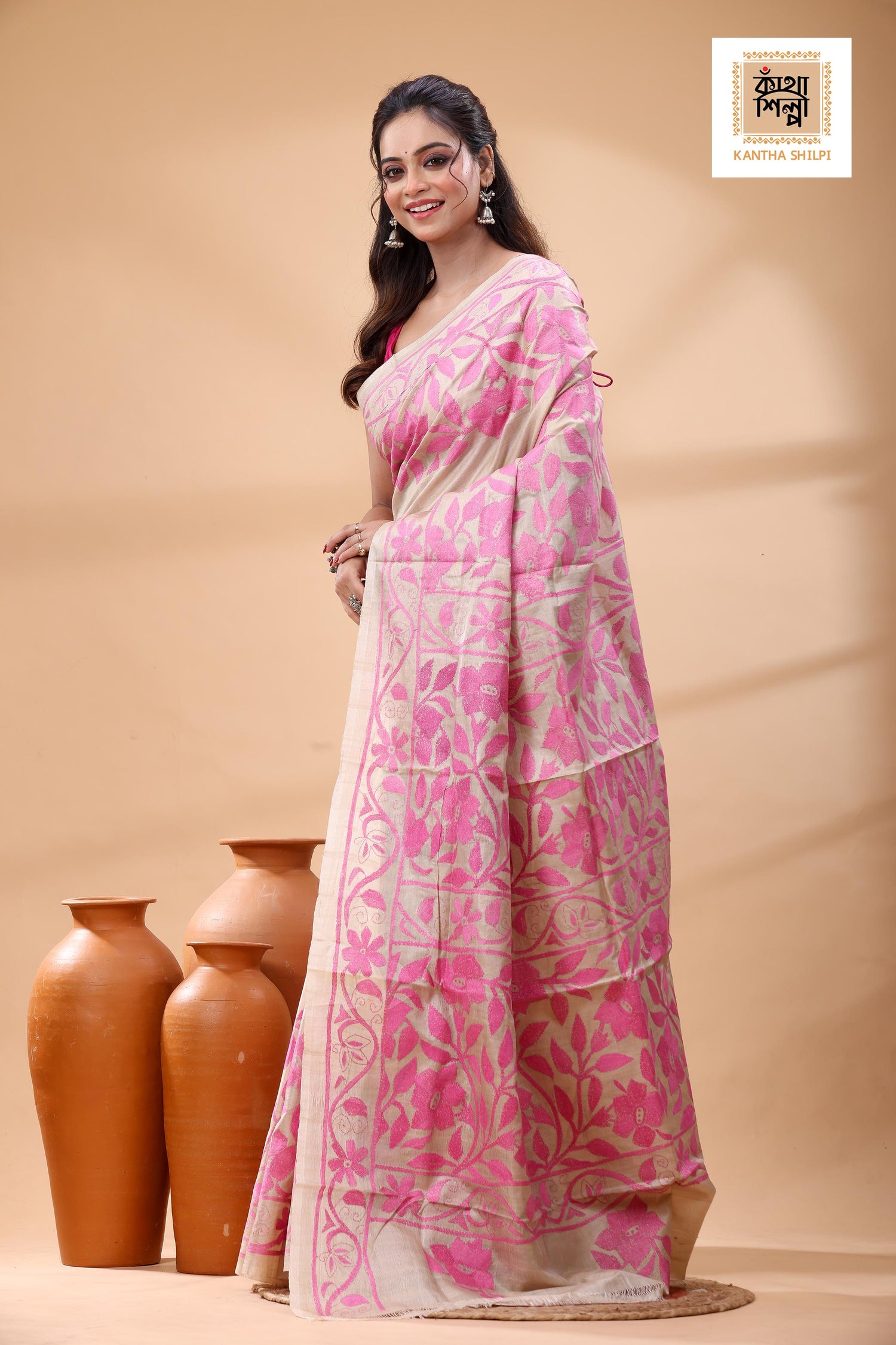 Pure Gachi Tussar Pink Color Thread Work Kantha Stitch Saree