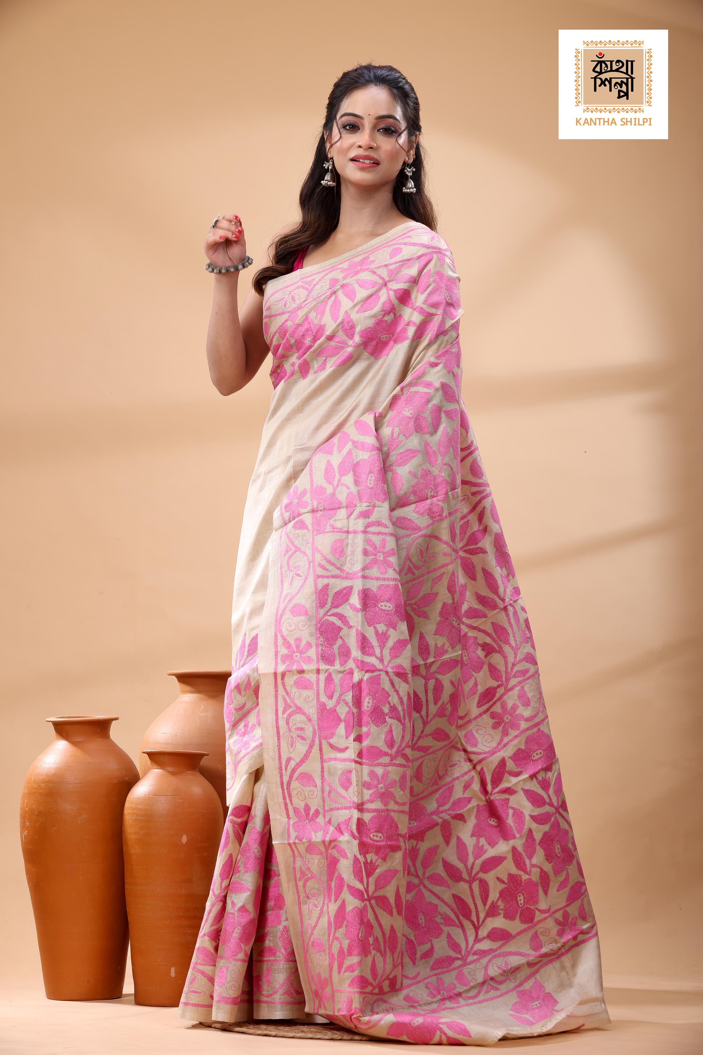 Pure Gachi Tussar Pink Color Thread Work Kantha Stitch Saree