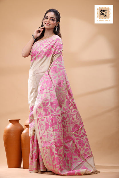 Pure Gachi Tussar Pink Color Thread Work Kantha Stitch Saree