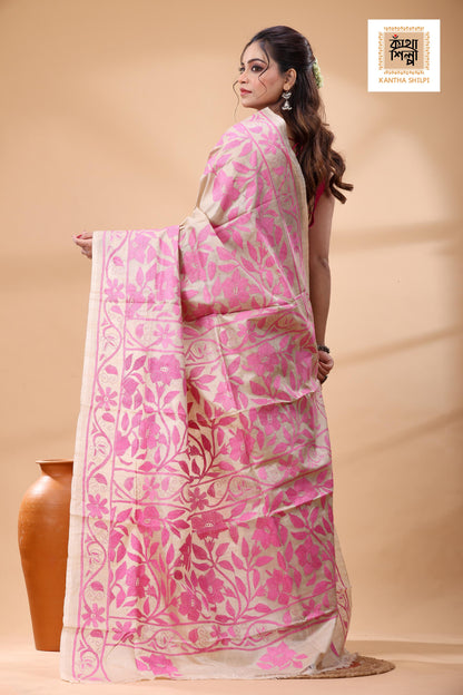 Pure Gachi Tussar Pink Color Thread Work Kantha Stitch Saree